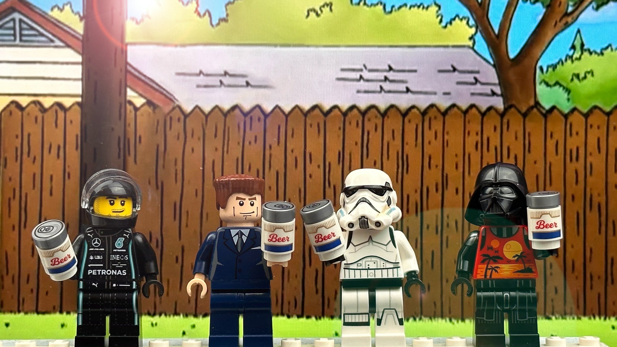 four minifigures replicating the famous scene from King of The Hill