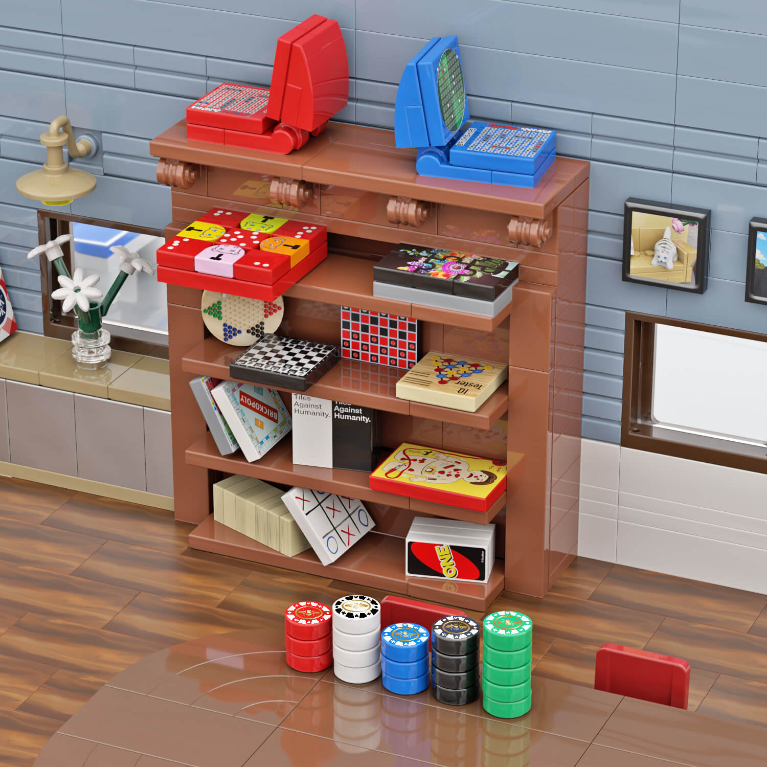 LEGO brick built room with a brown cabinet with lots of different board games and card games, with poker chips in the near grond on a dinning room table.