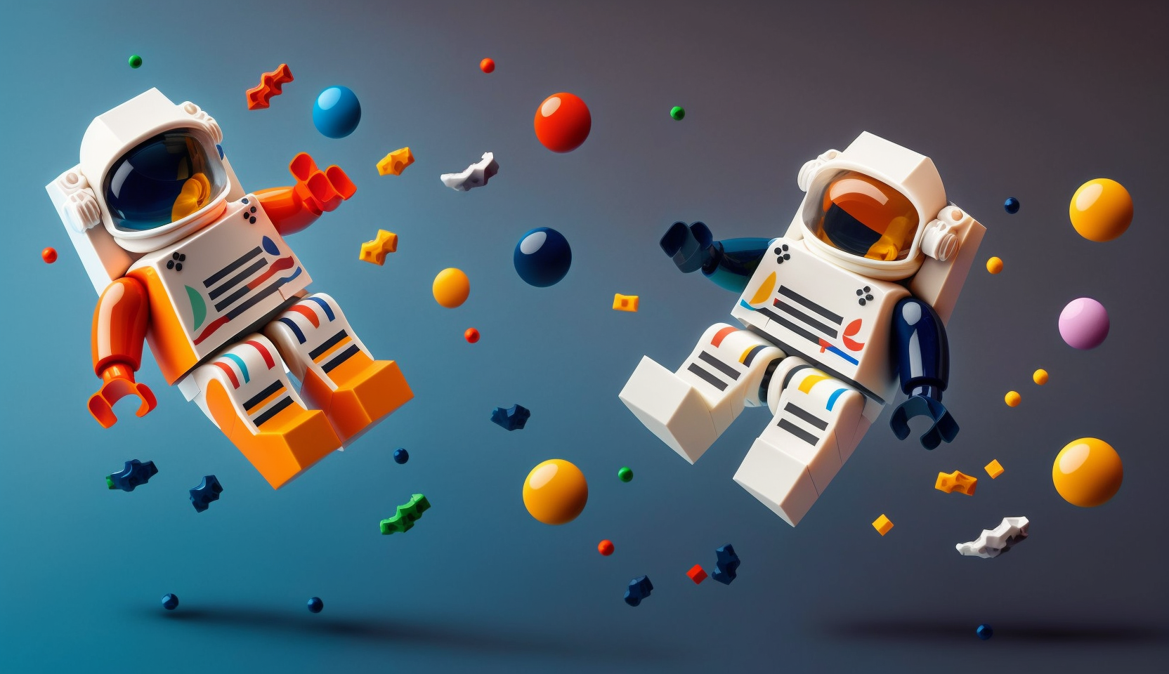 a 3d illustration of 2 lego astronauts floating