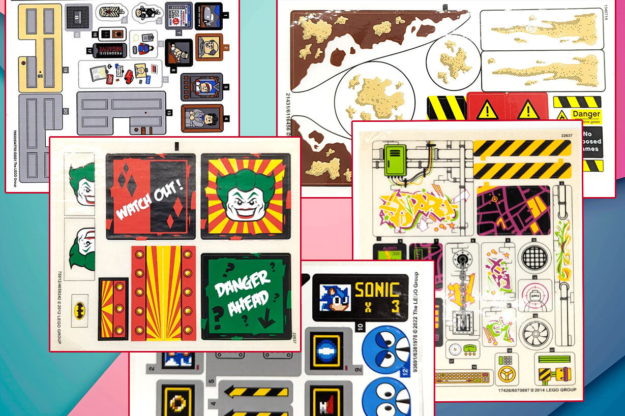 A collage of various LEGO sticker sheets, featuring diverse designs such as road signs, control panels, and character images including a Joker face and Sonic the Hedgehog.