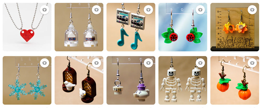 10 thumbnail photos of exmaples of the fun LEGO related jewlery