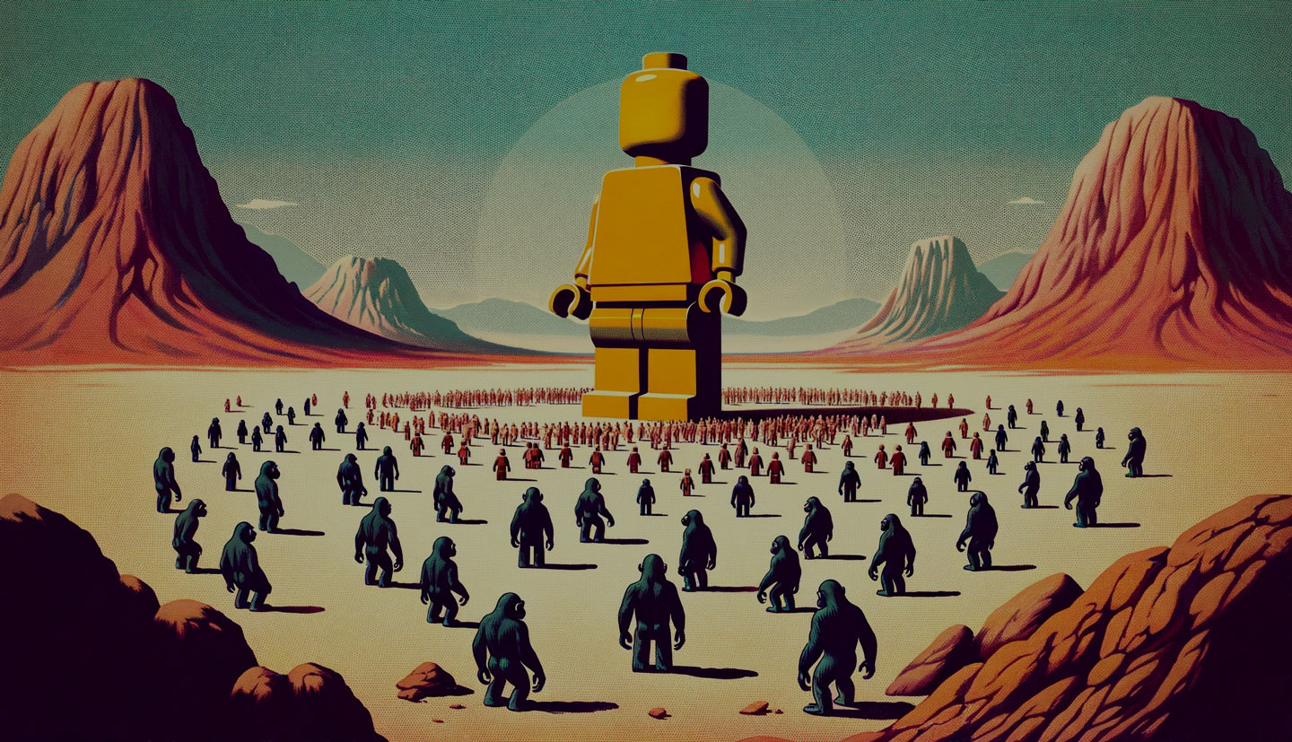 a lego minifigure monolith surrounded by apes