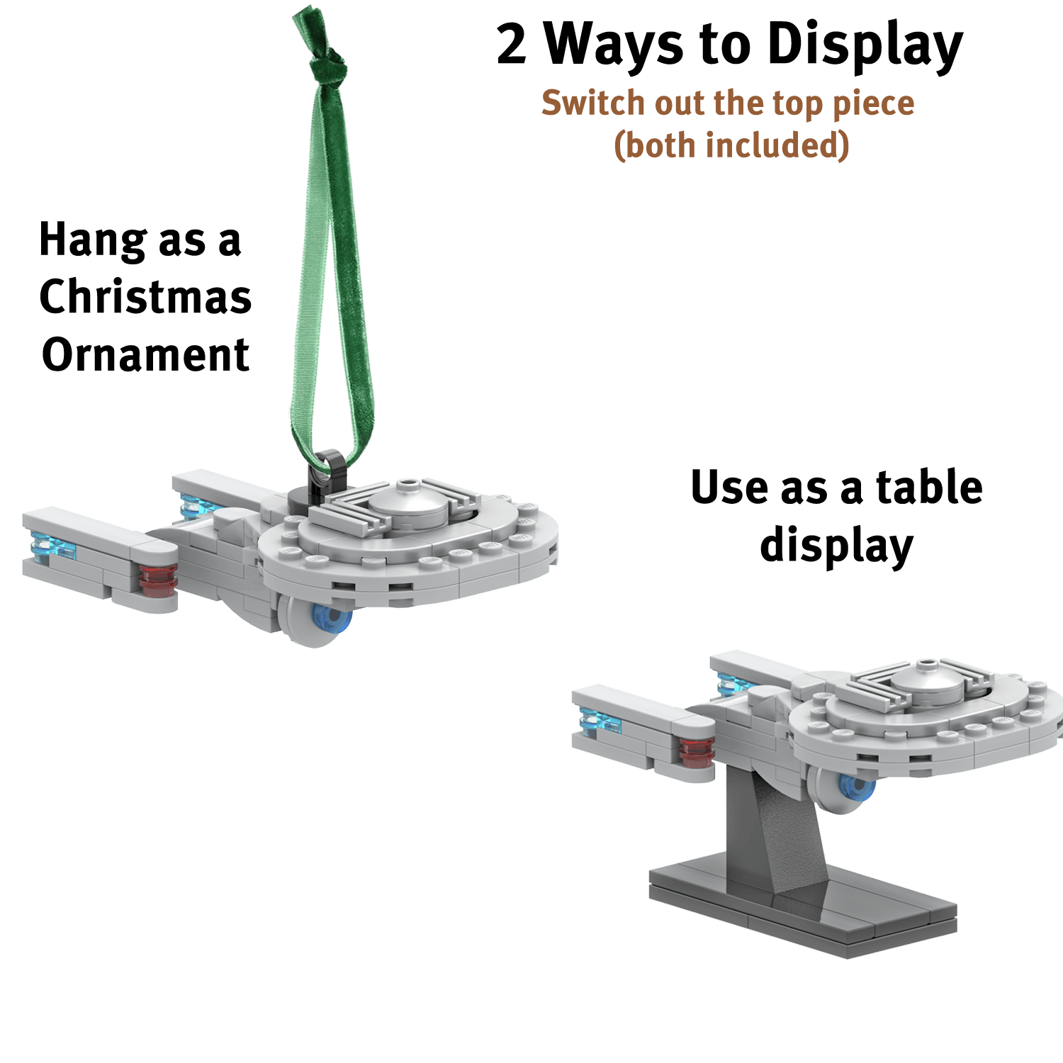 star trek Christmas ornament made from lego parts 2 ways to display