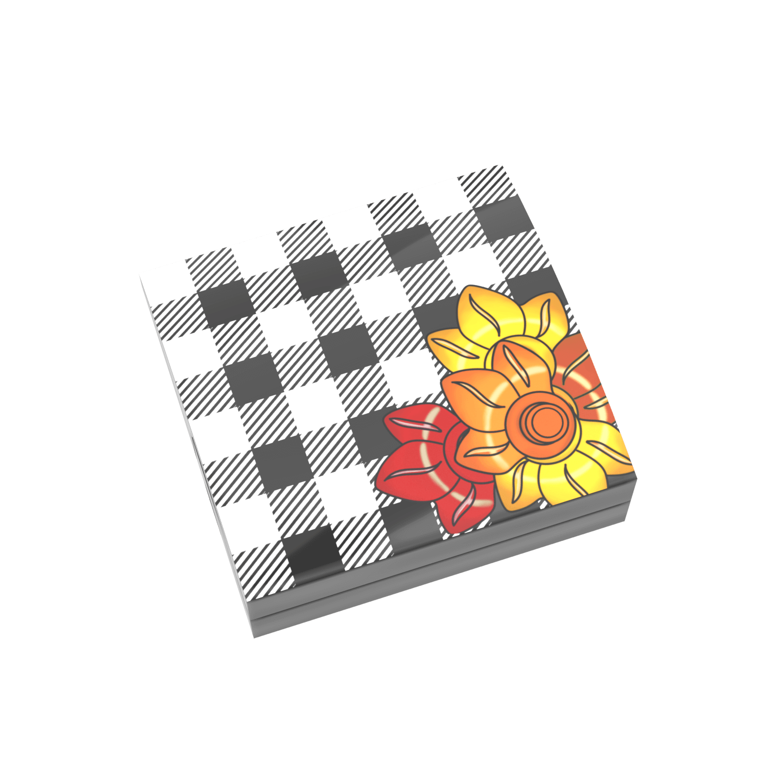 Buffalo plaid 2x2 lego tile with lego leaves in fall colors
