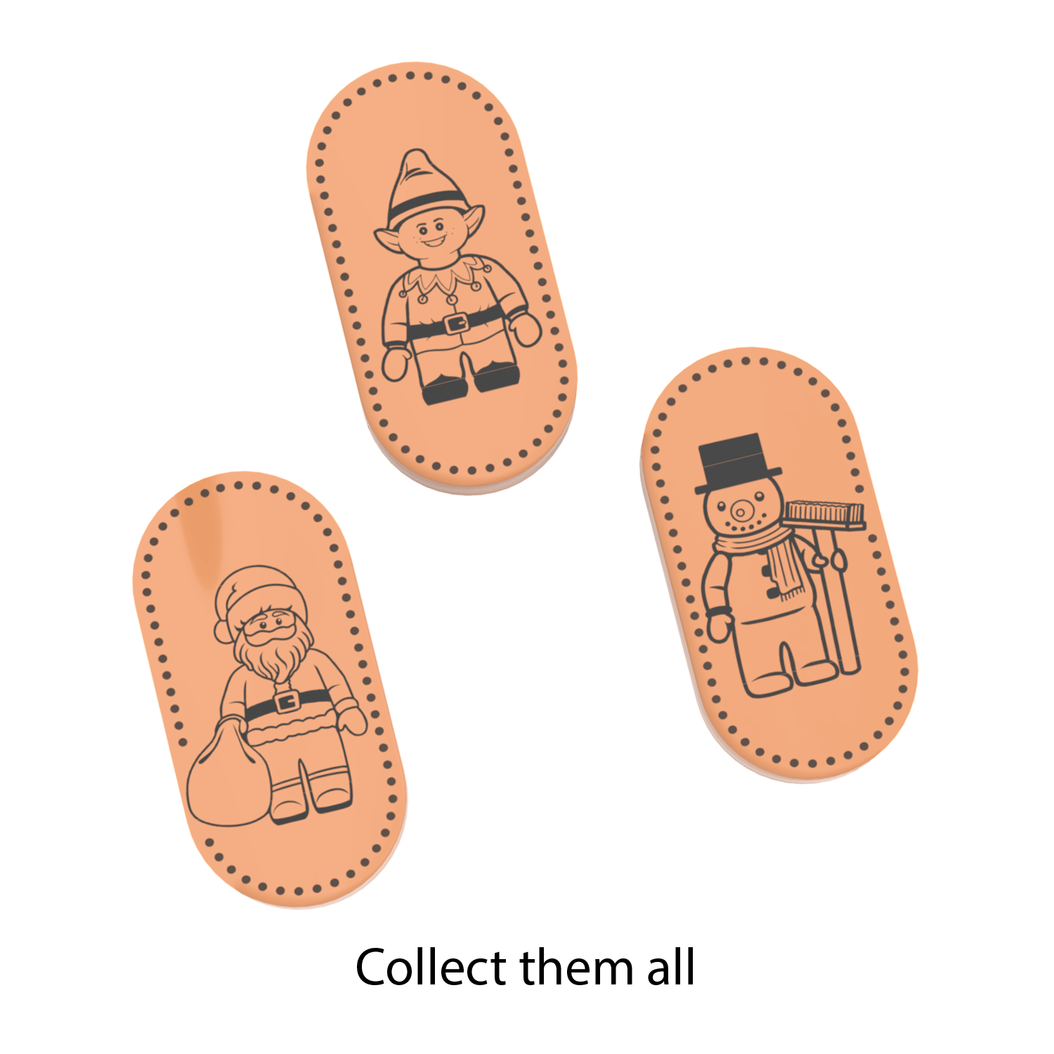 Three Christmas custom prints of, a snowman, elf and santa on a penny press coins on a white background.