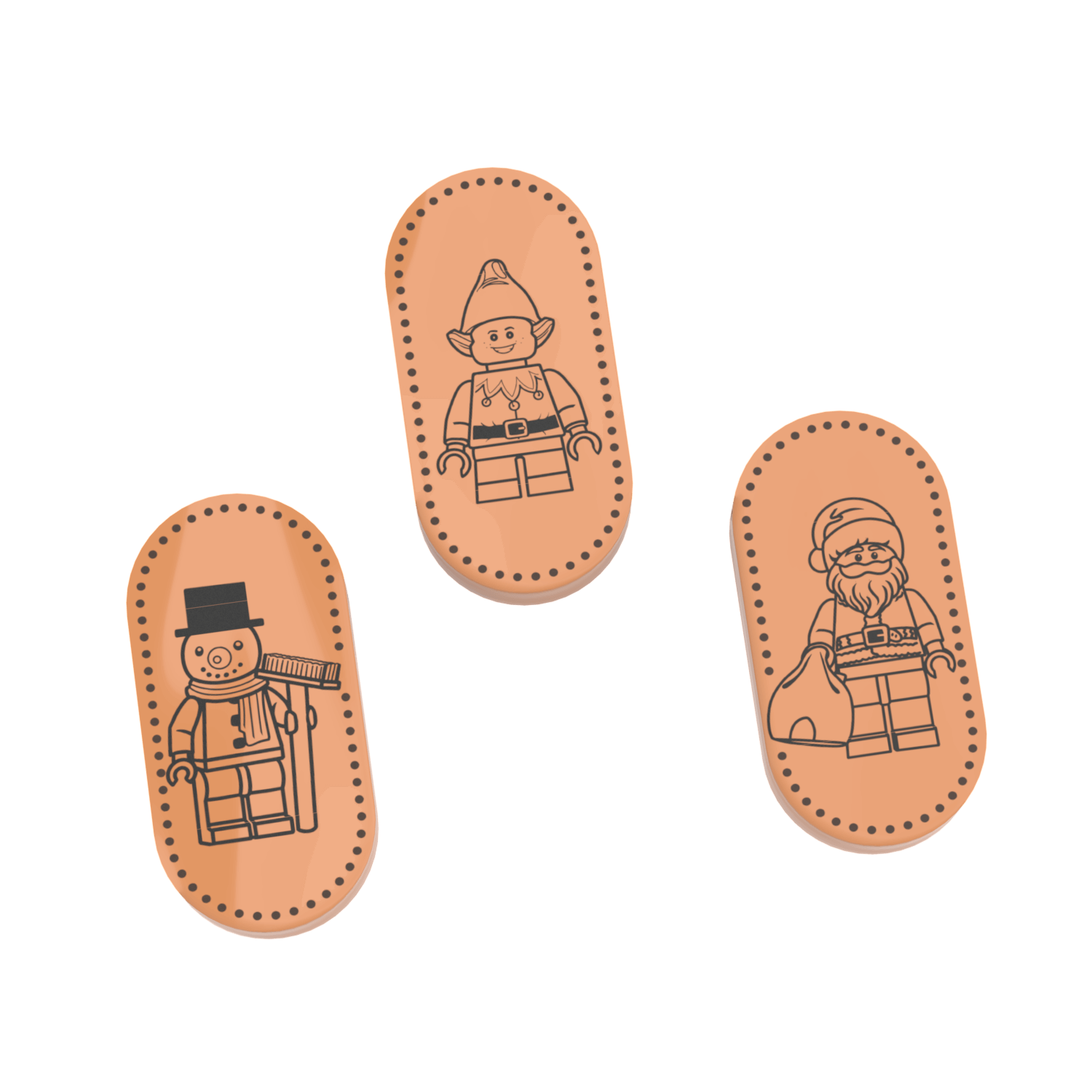Three oval coins, stamped with a snowman, elf and santa.