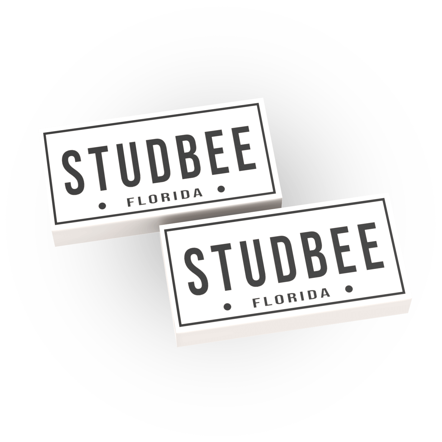 Two 'STUDBEE Florida' license plates customer printed on 2 white LEGO® tiles.