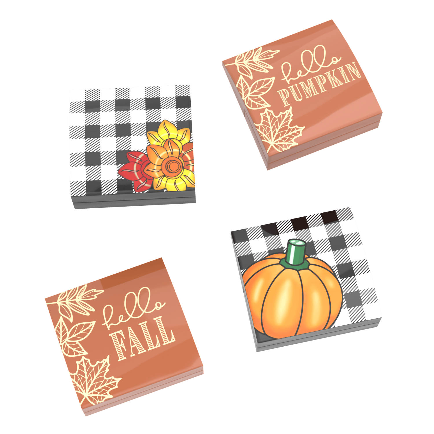 Four autumn-themed pillows made using lego checkered patterns and pumpkins on a black background