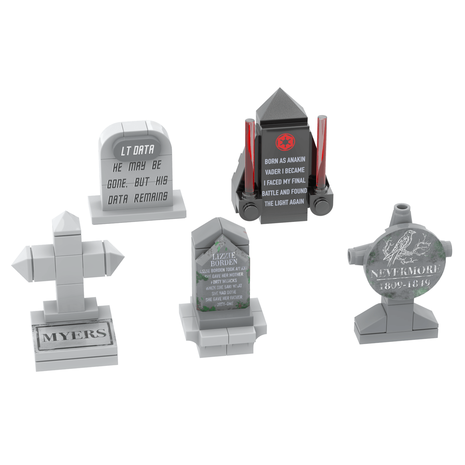 5 LEGO brick built gravestones featuring multiple different prints on a white background.