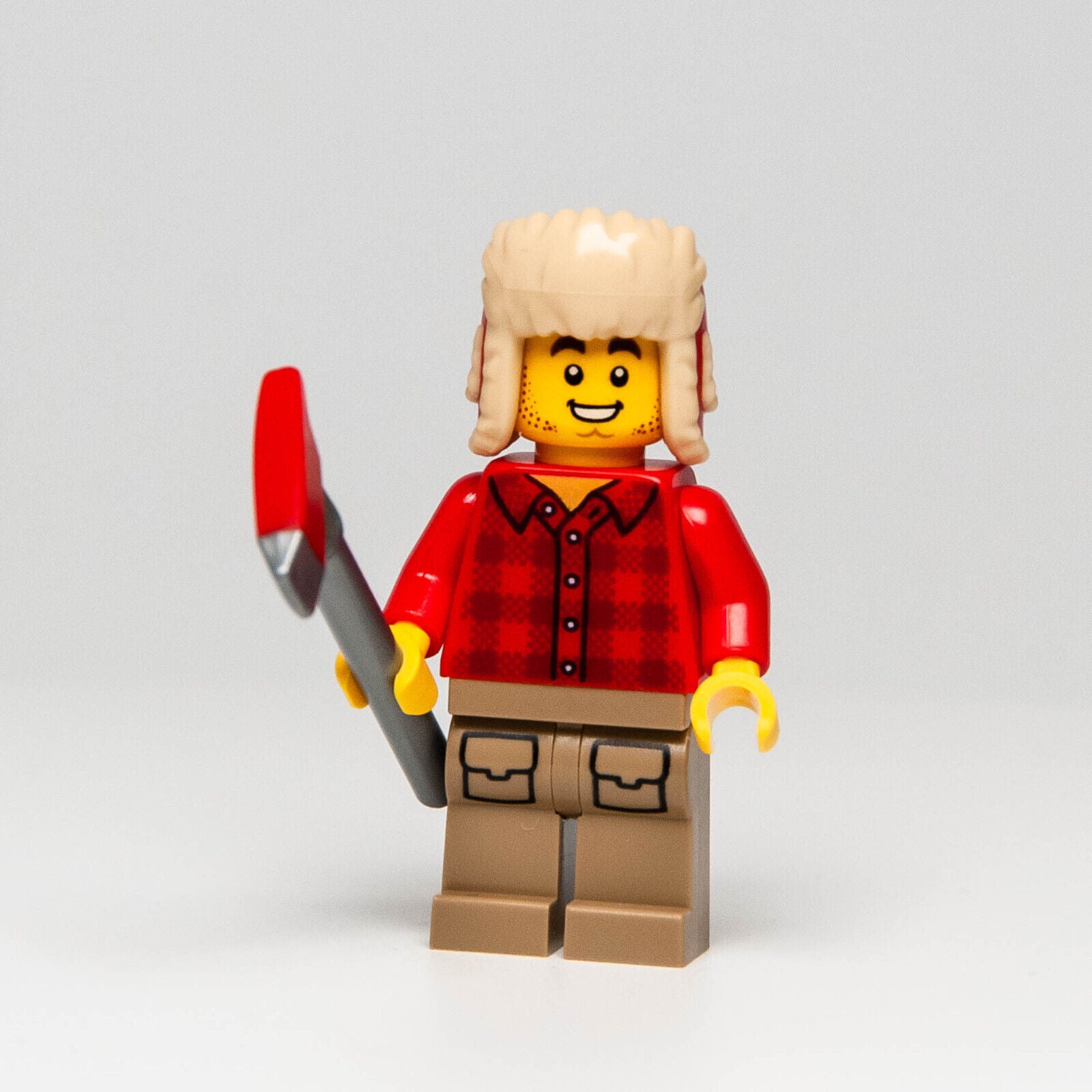 Lego LUMBERJACK Minifigure Scene - Plaid Flannel Shirt, Axe, Wood Logs, Ushanka - StudBee