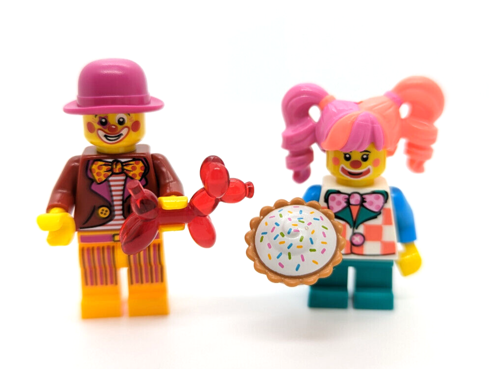 New Lego BAM Minifiguress - (hol297)Birthday Clown w/ Balloon Dog & Girl Clown - StudBee