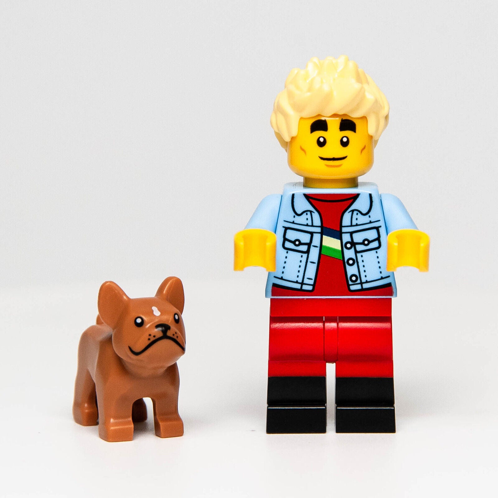 New Lego BAM 2023 Male Denim Jacket Minifigure w/ French Bulldog (cty - StudBee