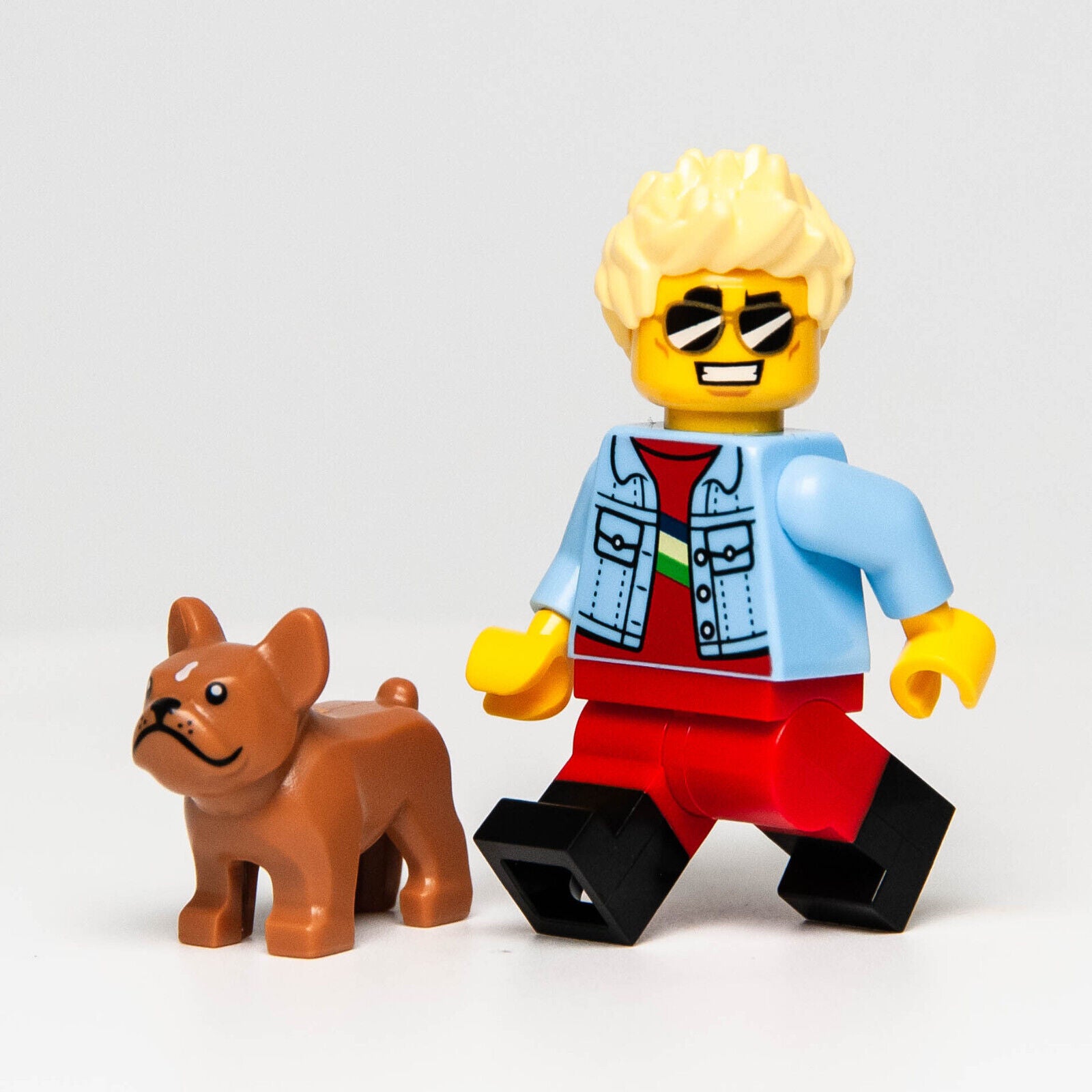 New Lego BAM 2023 Male Denim Jacket Minifigure w/ French Bulldog (cty - StudBee
