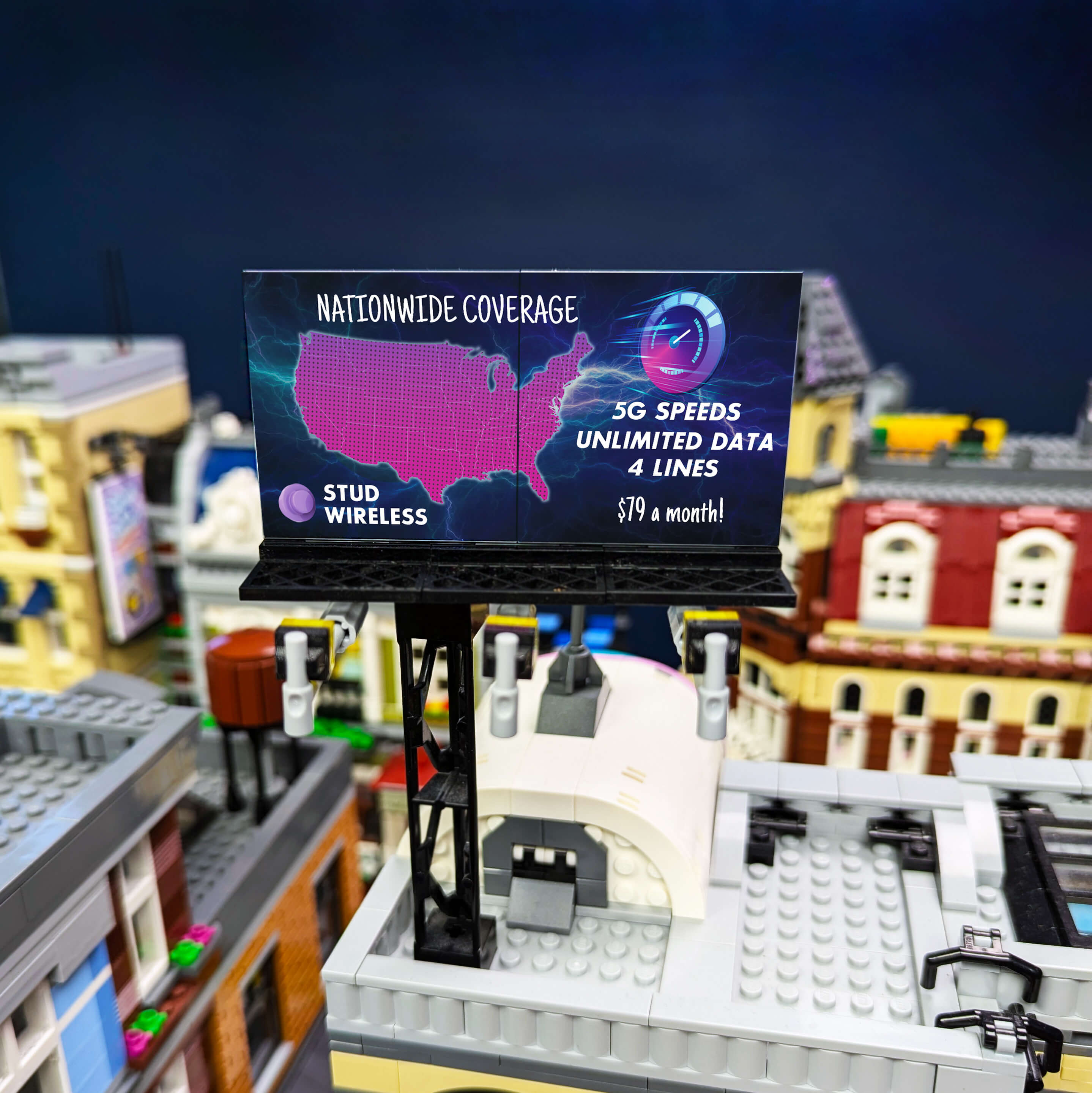 Model of a billboard with wireless advertisement in a LEGO cityscape