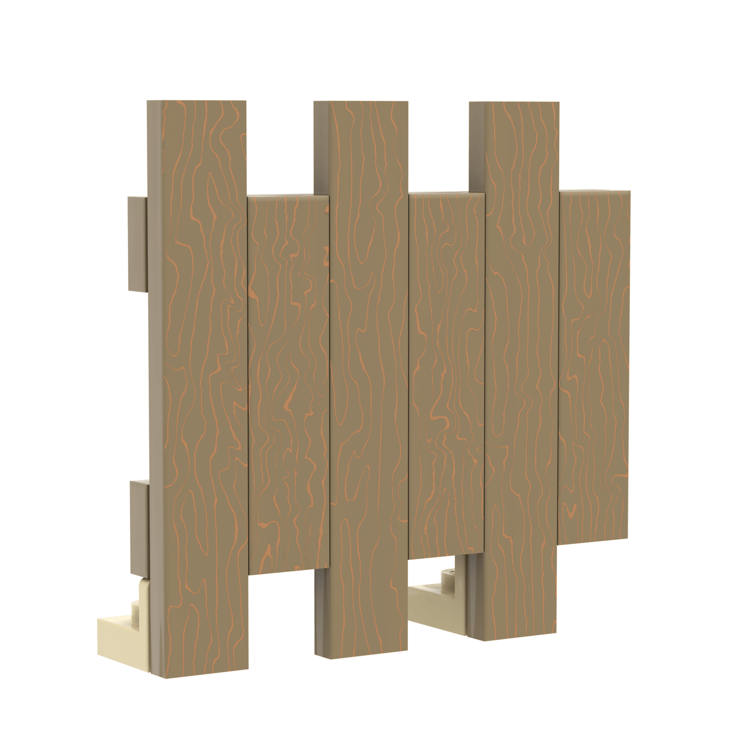 6 custom printed LEGO tiles to look like wood grain put together to make a LEGO fence panel, on a white background