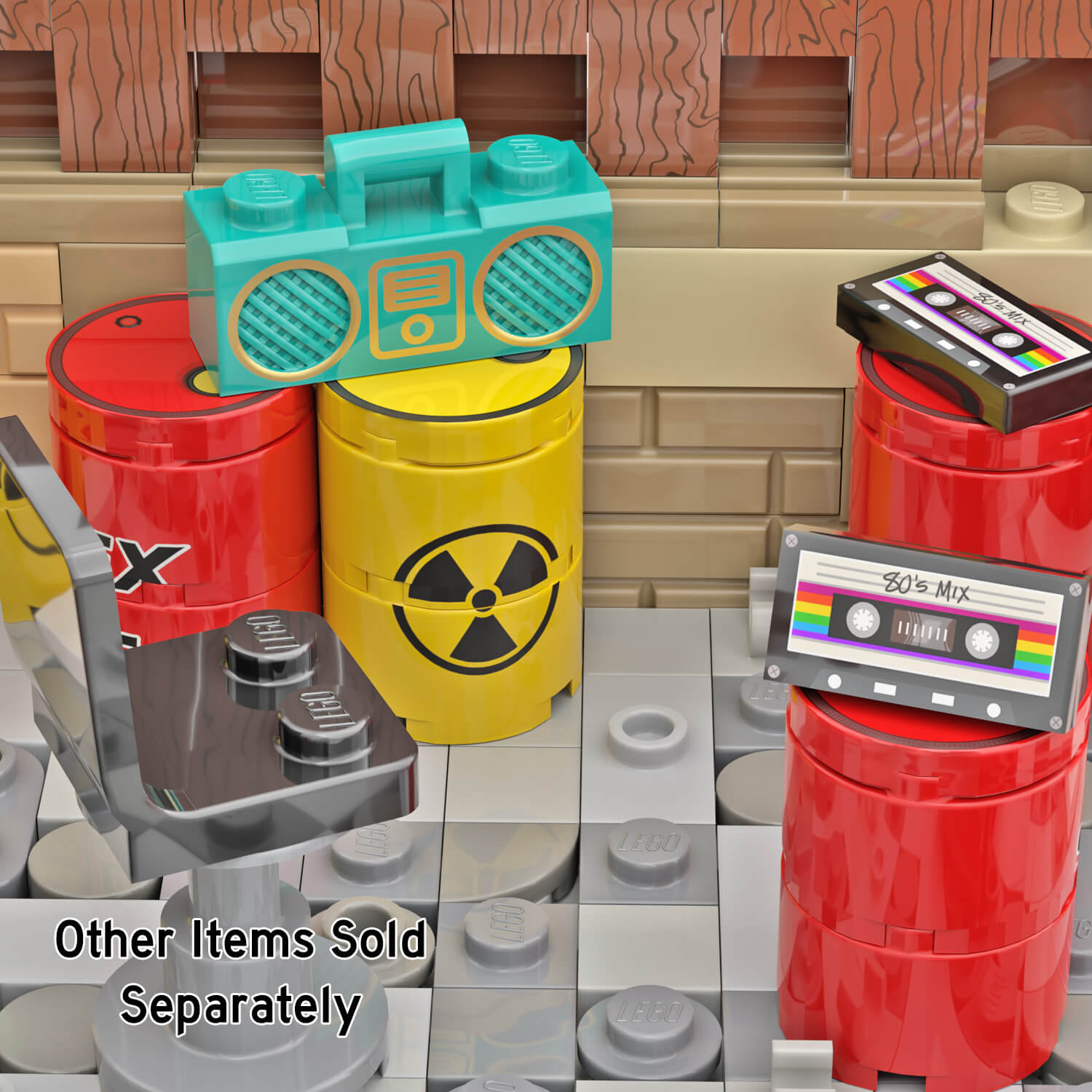 LEGO boombox and cassette tape with 80's mix written on it. Sitting on oil and radioactive barrels, in an urban LEGO setting.