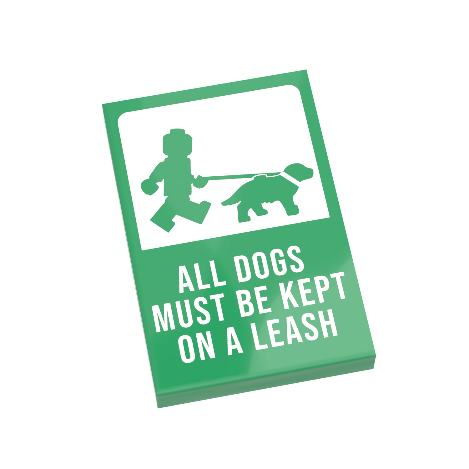 Green sign with white text and dog leash illustration on a black background