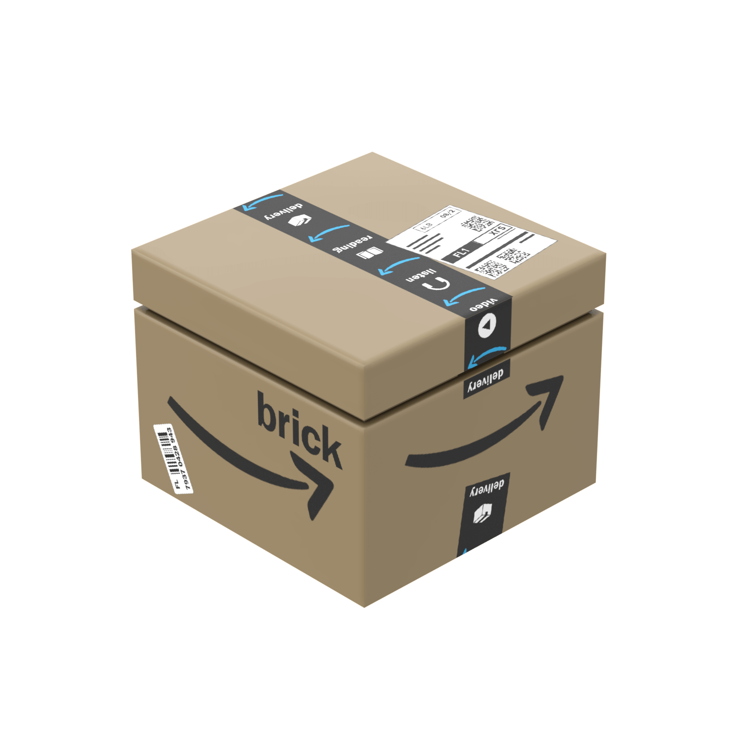A custom-printed brown cardboard shipping box with 'brick' text and a arrow and shipping label packaging elements, designed to resemble a real-world shipping box.