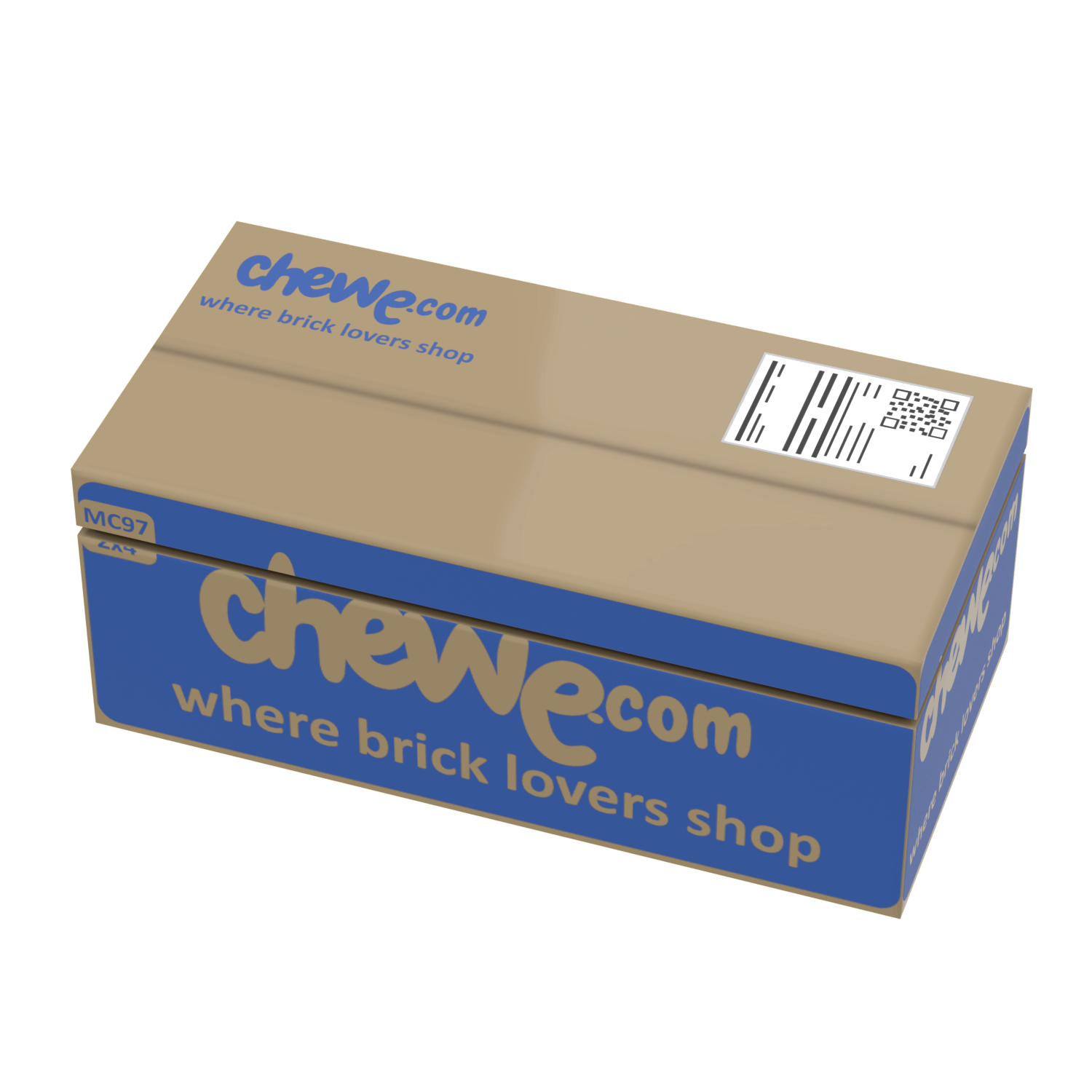 Cardboard box with 'chewe.com' branding on a black background