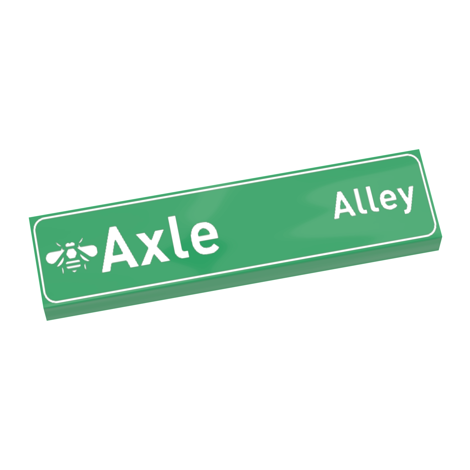 A green custom printed LEGO tile with the text 'Axle Alley' and a gear symbol on it.