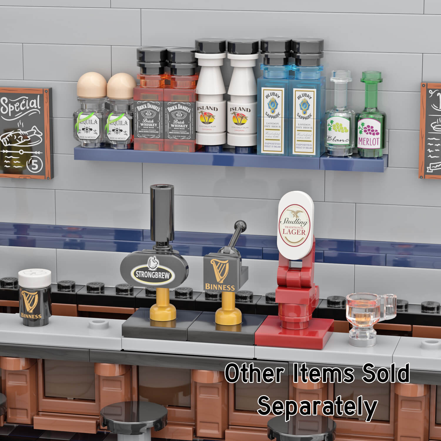 A LEGO bar scene with custom taps and bottles, arranged against a gray tiled wall background.