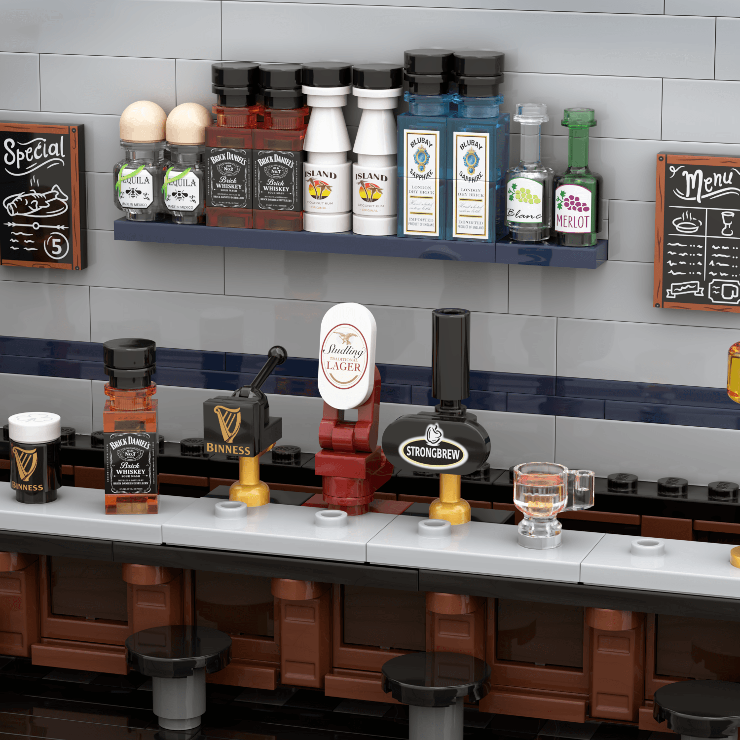 A LEGO bar scene with custom taps and bottles, arranged against a gray tiled wall background.