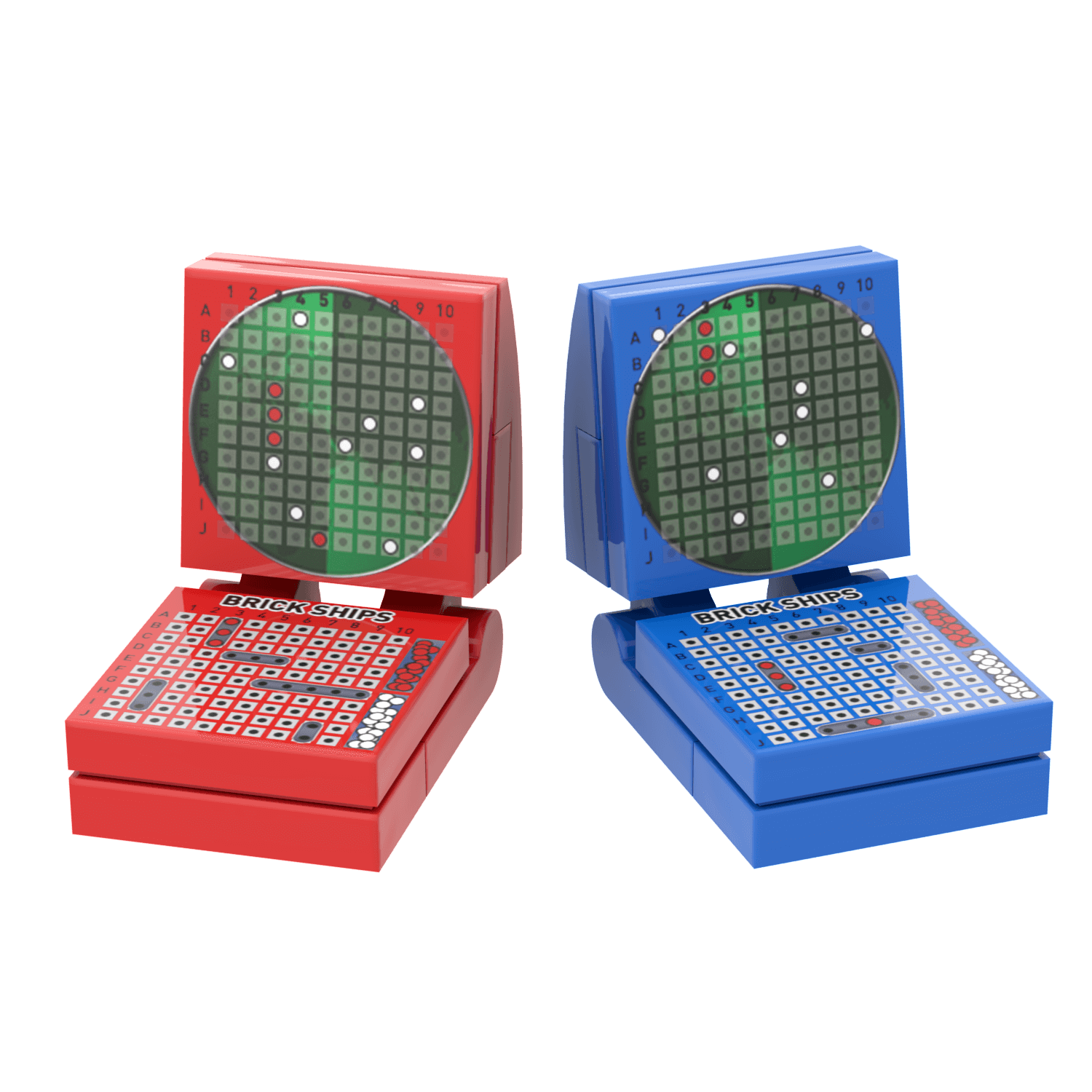 Two custom printed on LEGO battle ships boards, one in red and the other in blue, with game boards and numbered tiles.
