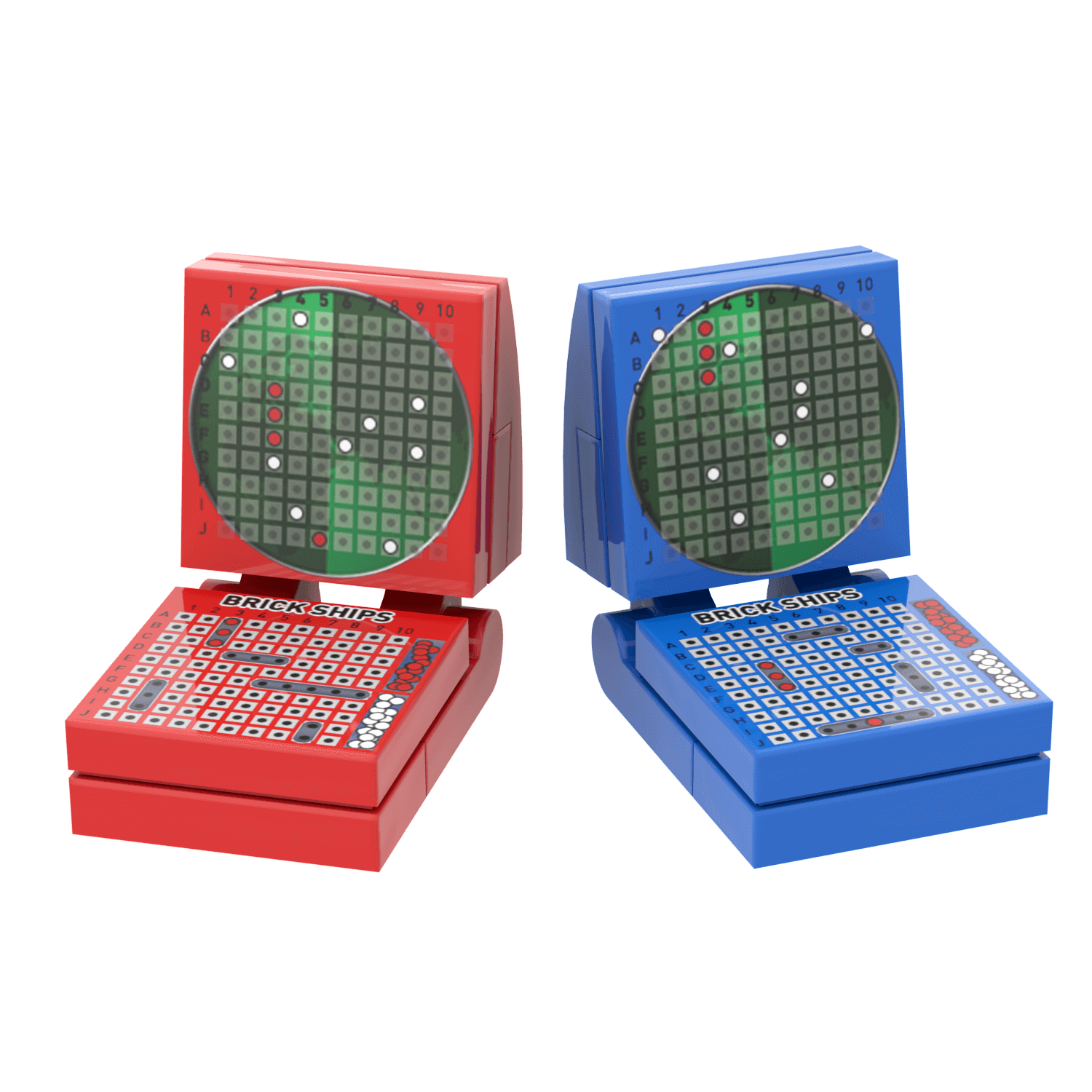 Two custom printed on LEGO battle ships boards, one in red and the other in blue, with game boards and numbered tiles.