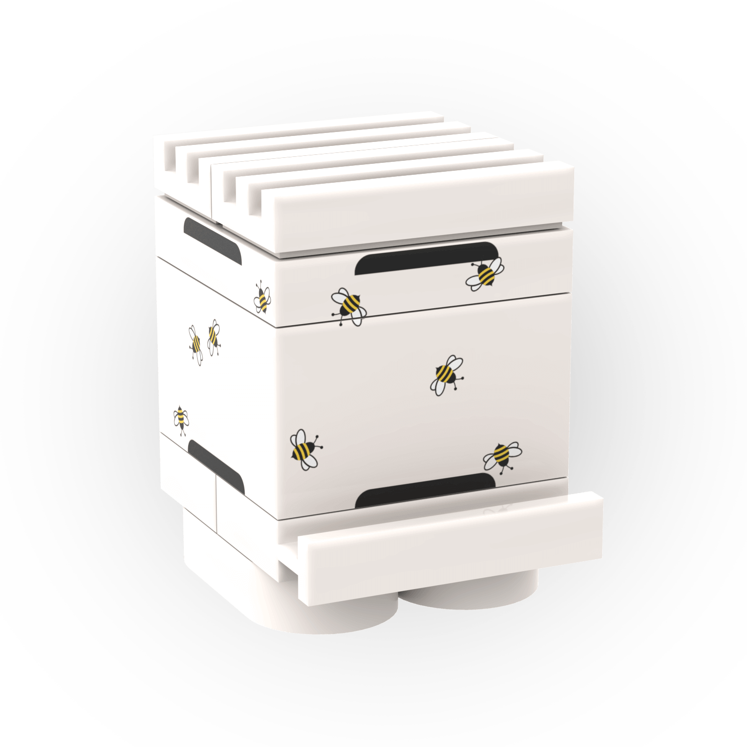 A white bee house hive with bee patterns, custom printed on LEGO parts.