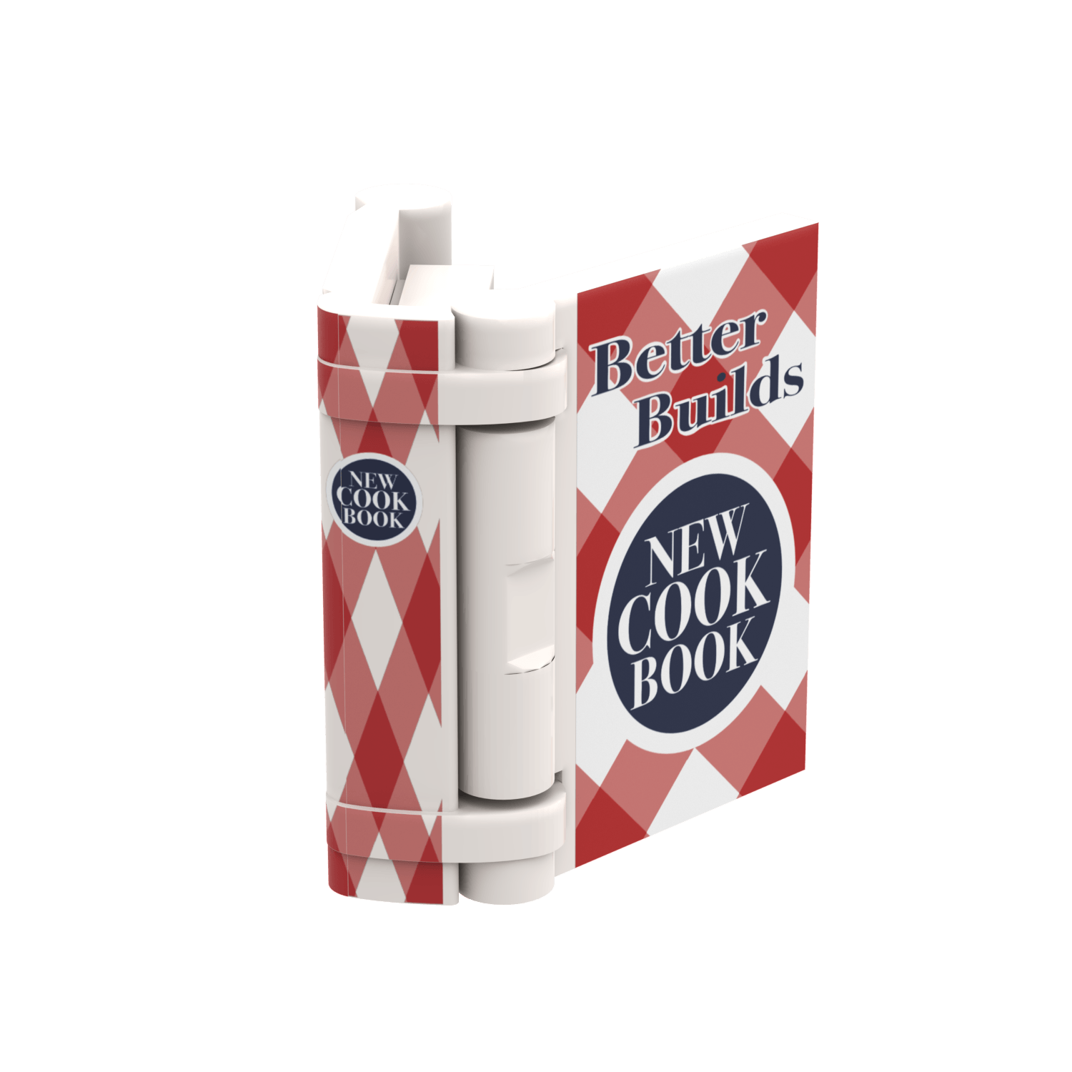 White Cookbook made from LEGO® parts with red and white checkered design and 'New Cook Book' text on a white background