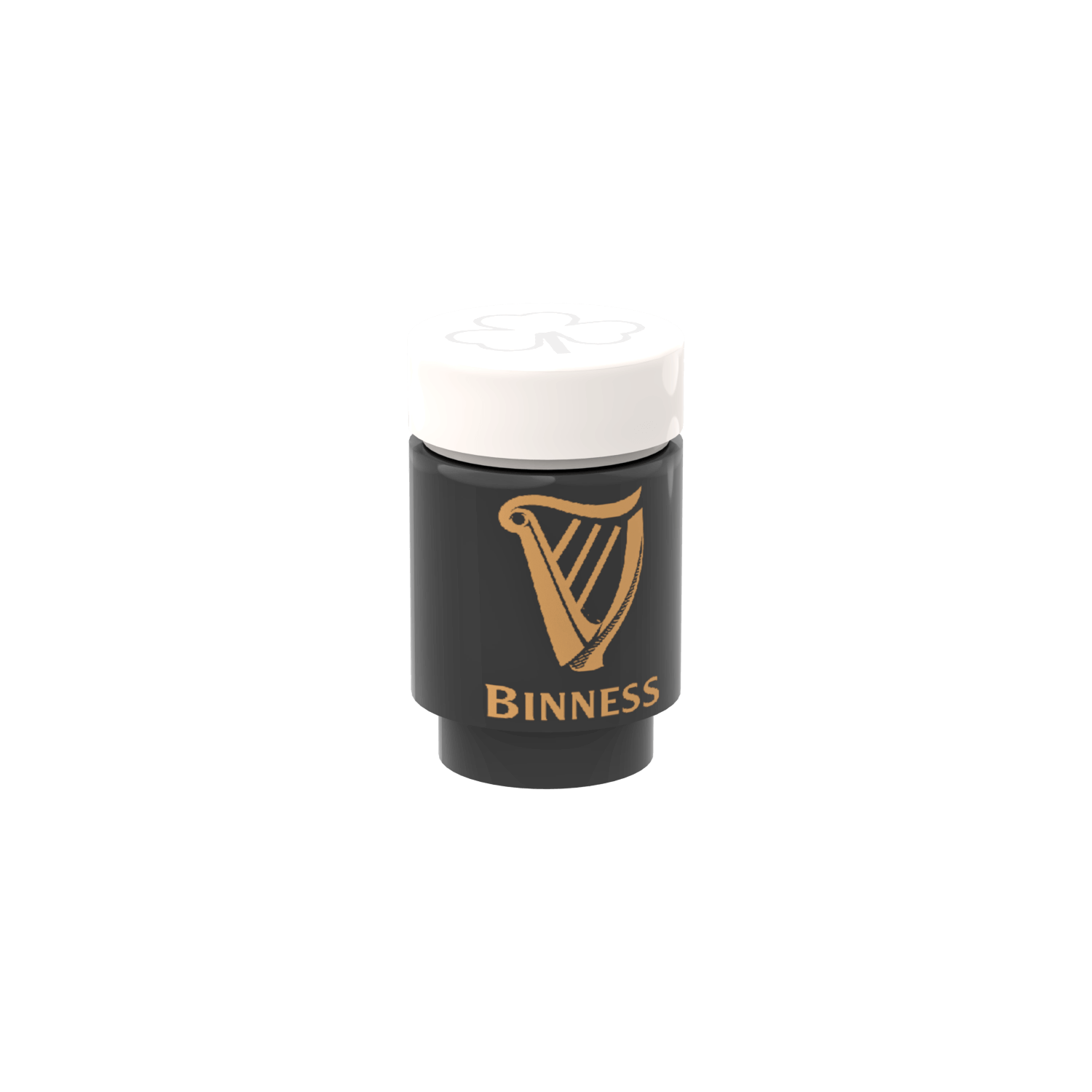 A custom printed Lego brick and tile designed to look like a black pint glass with the Binness logo and a gold harp emblem on it.