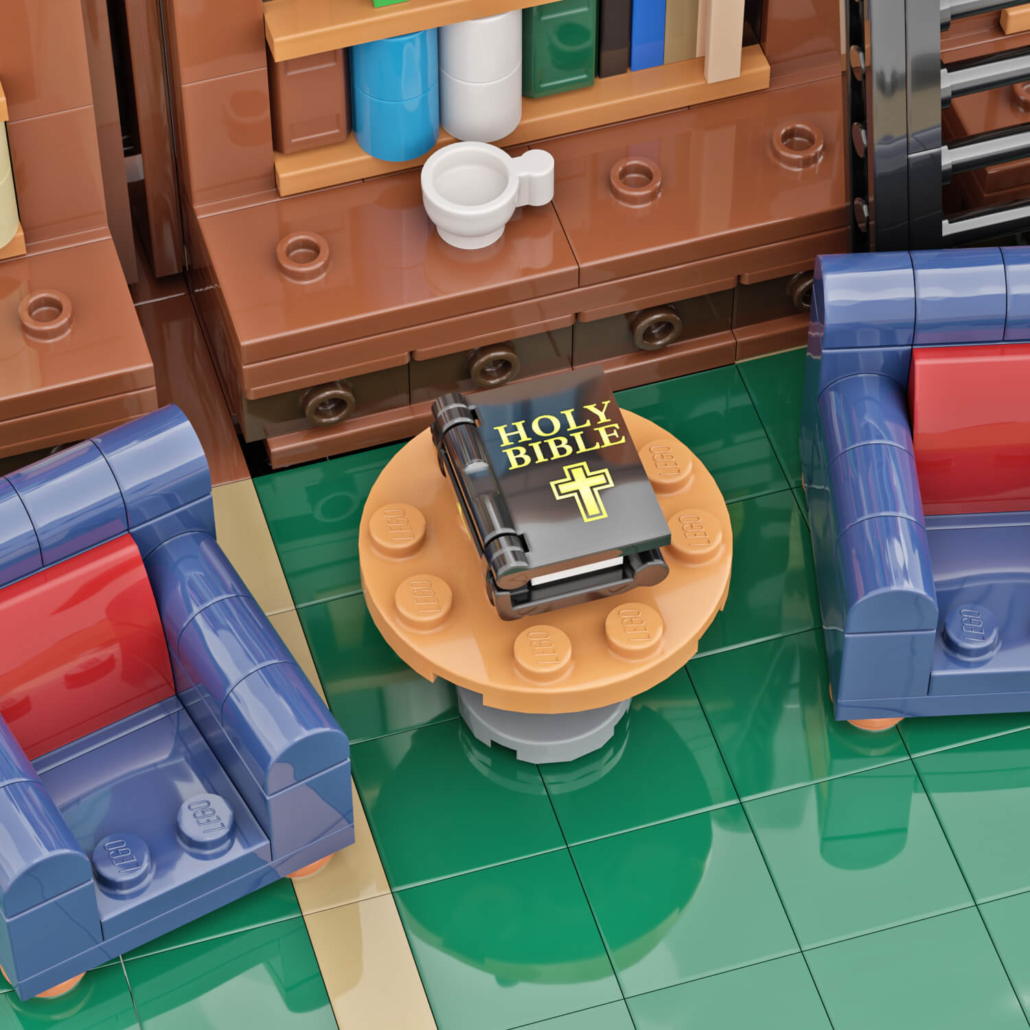 Black custom printed bible on LEGO placed on a round table in a LEGO brick built library type setting