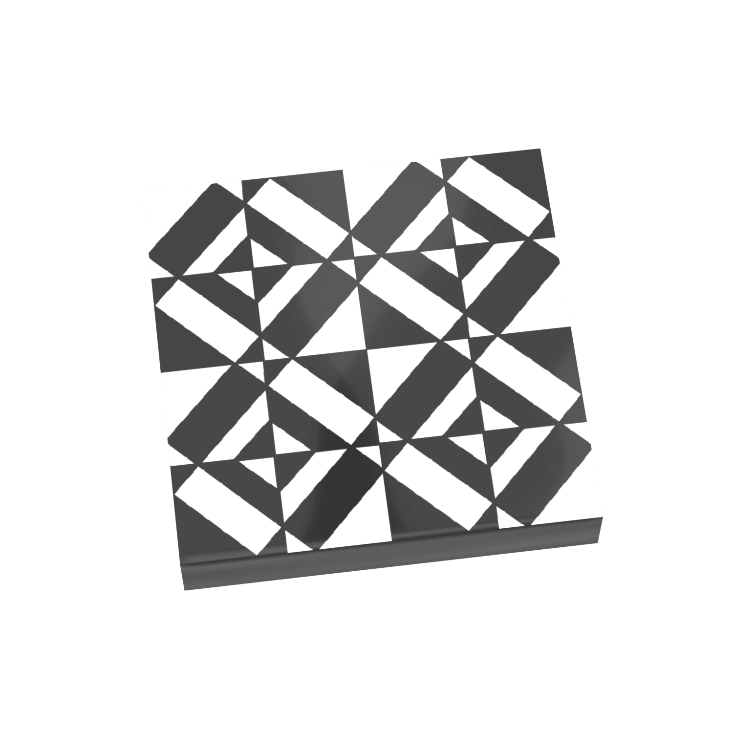 A 2x2 custom printed LEGO tile with a black and white geometric pattern.