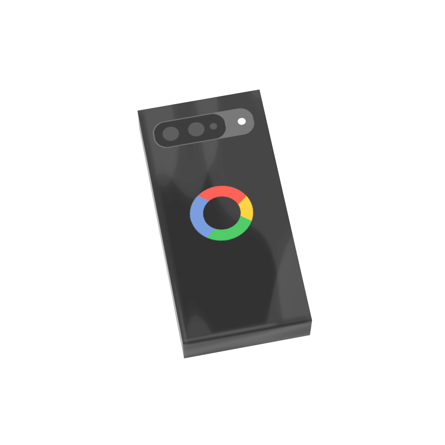 A black cell phone made of Lego with a custom printed 1x2 black tile pattern, resembling a smartphone with a visible logo on the front.