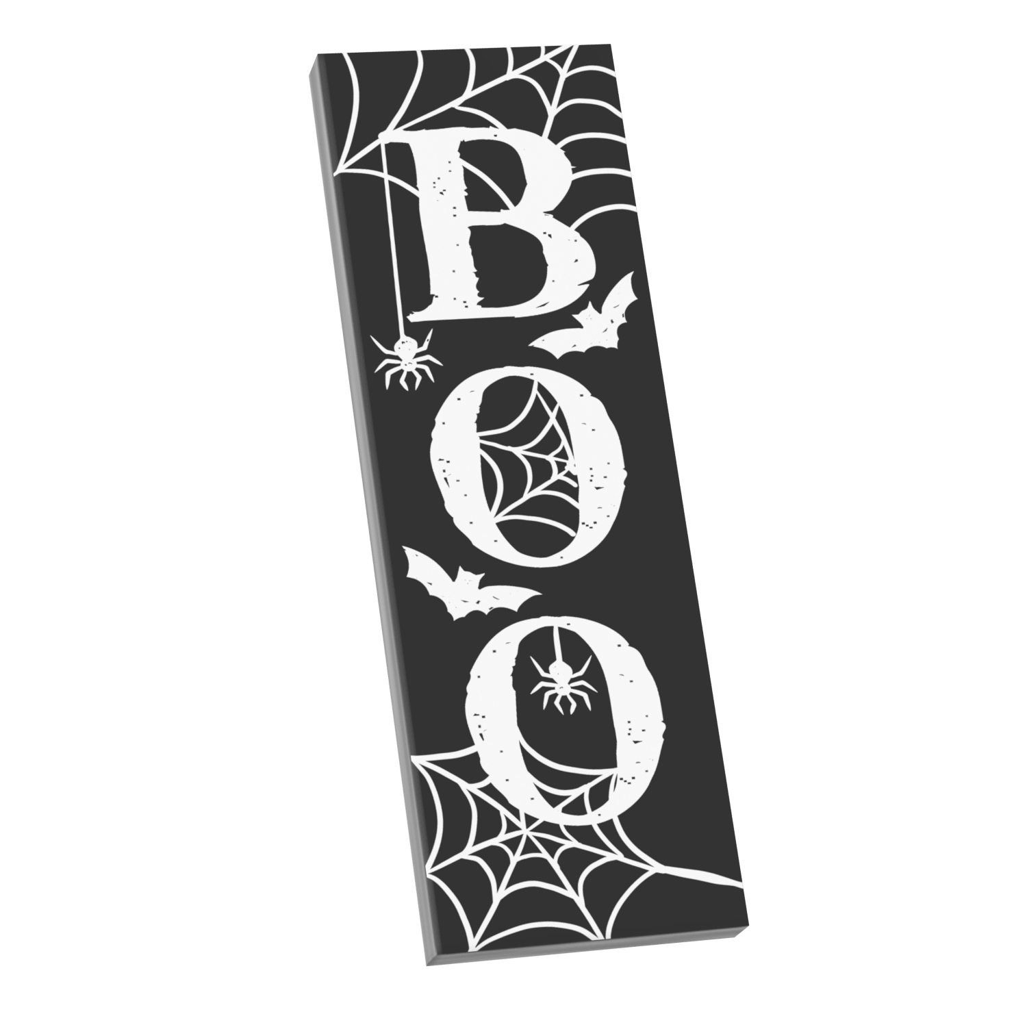 Large Boo Porch sign with bats spiders and spiderwebs all in white, printed on a black LEGO tile, on a white background.
