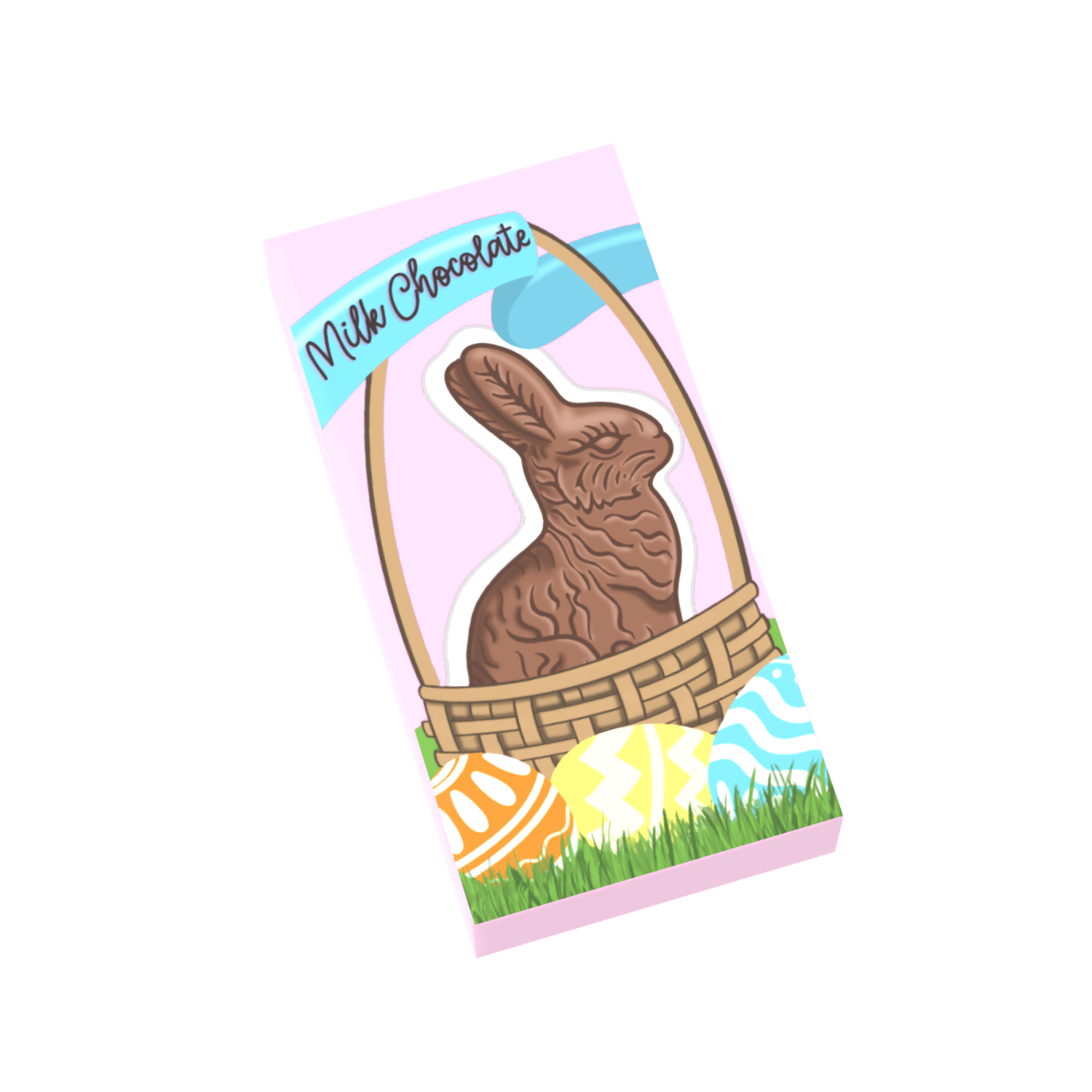 A graphic image of a chocolate bunny in a pink box with Easter eggs, custom printed on a 1x2 LEGO tile.