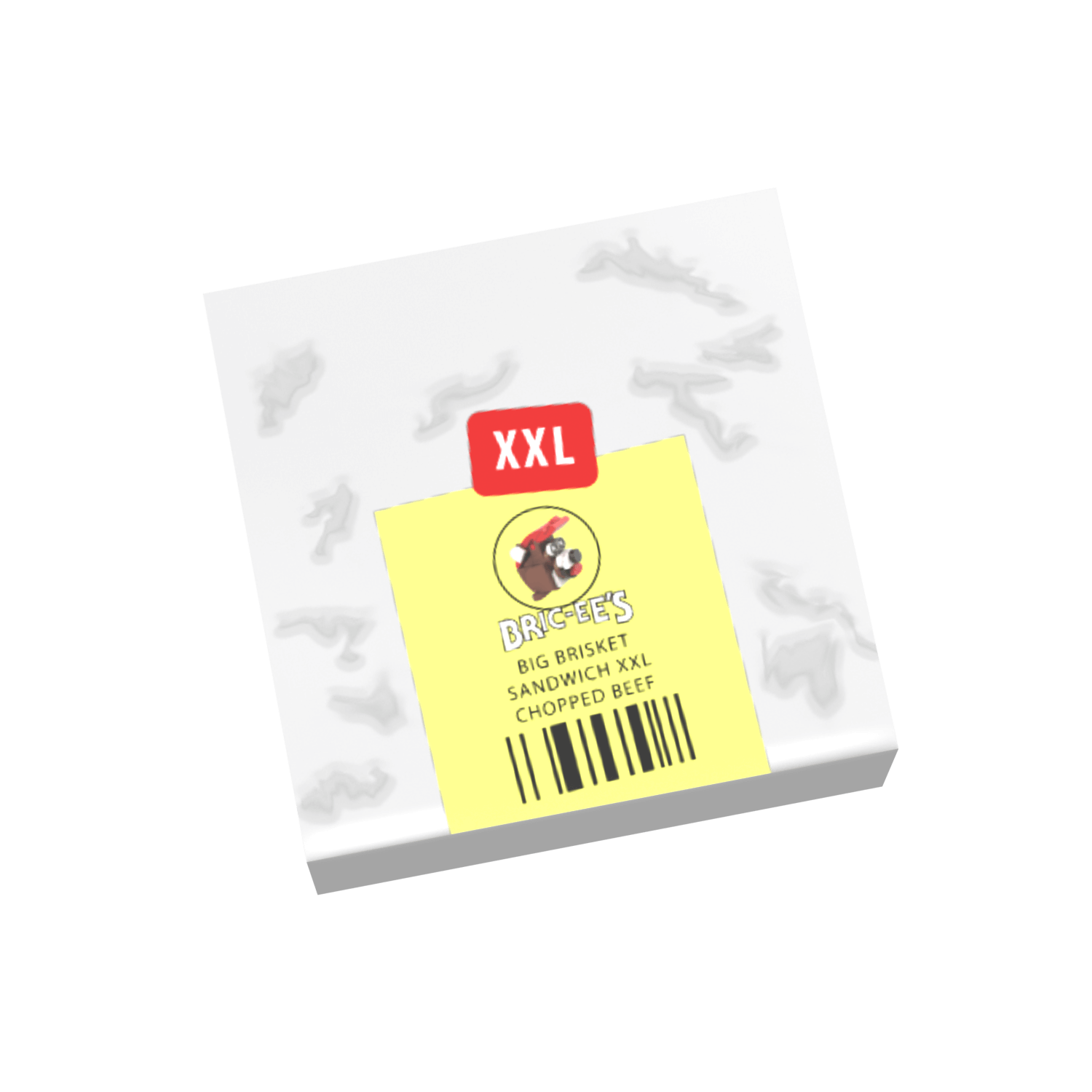 A custom printed LEGO tile with an image of a brisket sandwich, labeled 'XXL' and branded with 'Bric-ee's' logo.