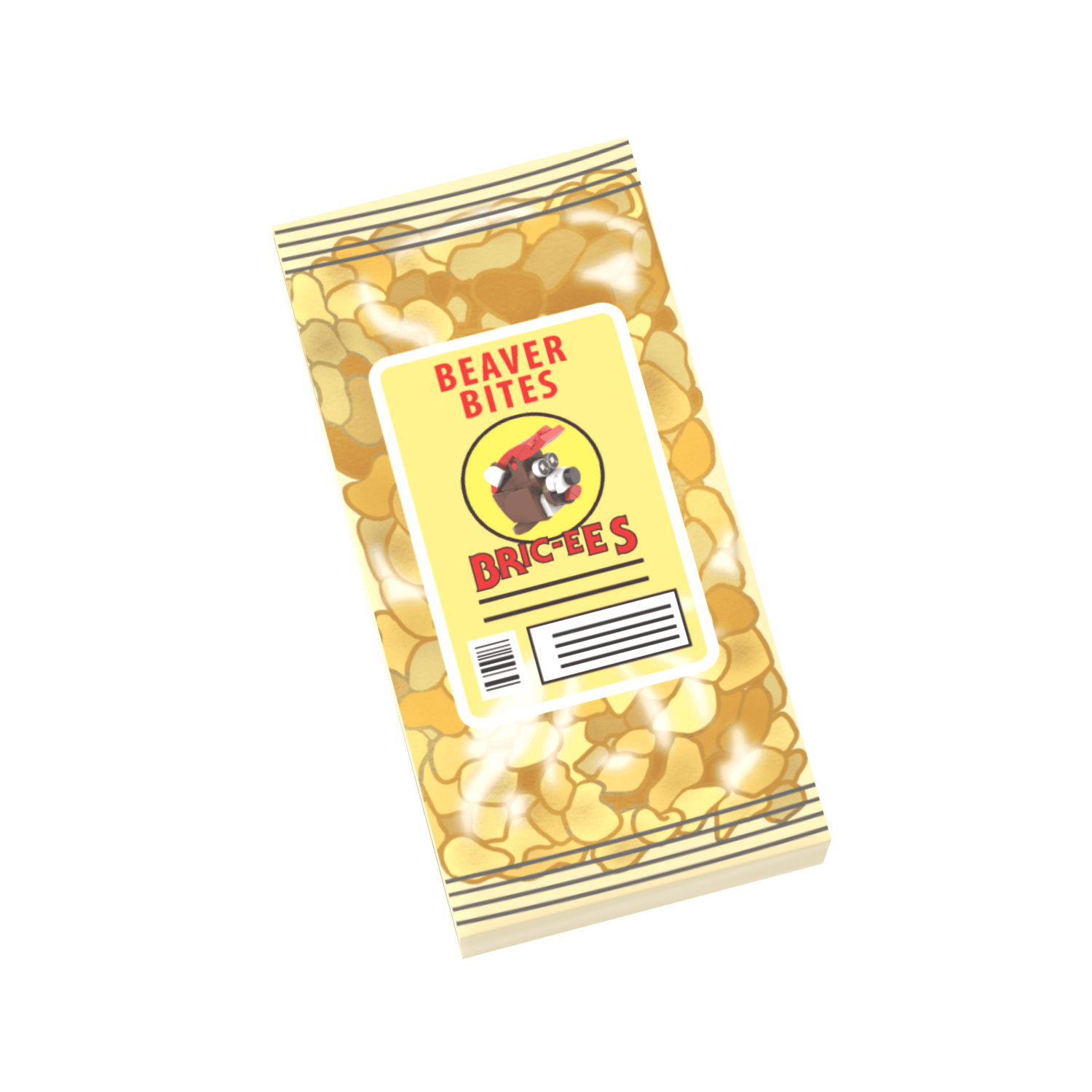 A pack of Bric-ee's Beaver Bites, with the packaging designed to look like a x2 LEGO tile with a beaver and the name of the product.