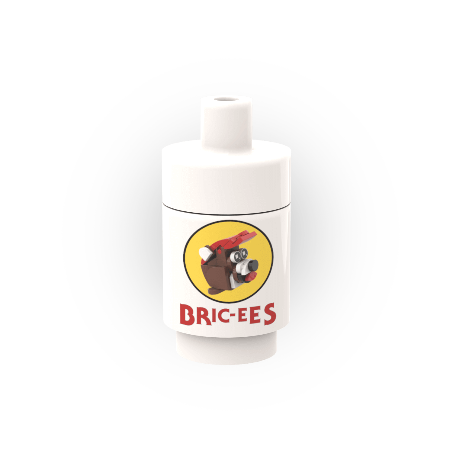 A custom printed white LEGO brick-shaped cup with a Bric-ee's Drink logo, featuring cartoon alligators and a 'BRIC-EE'S' branding.