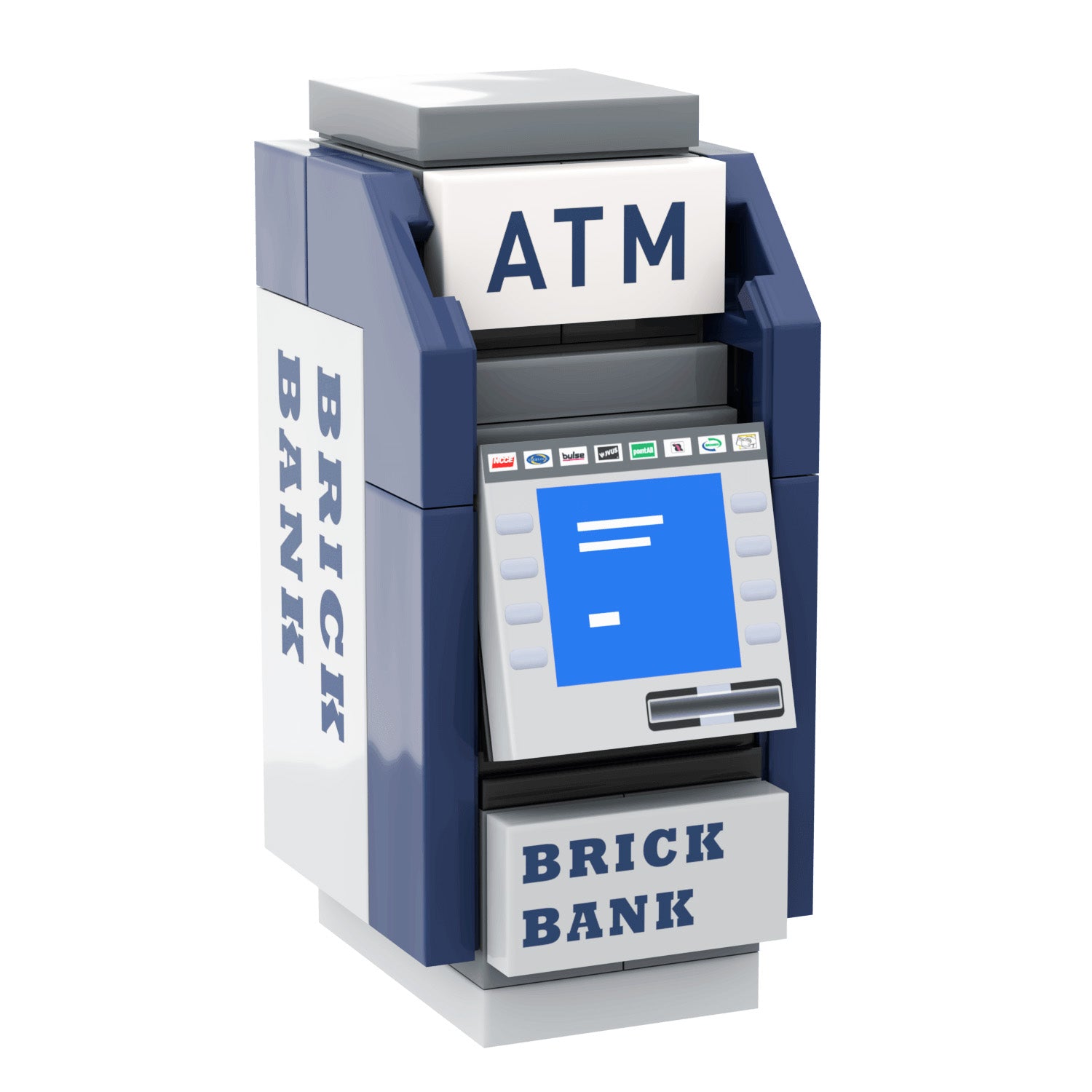 A custom printed LEGO set resembling a blue and white ATM machine with 'BRICK BANK' branding on it.