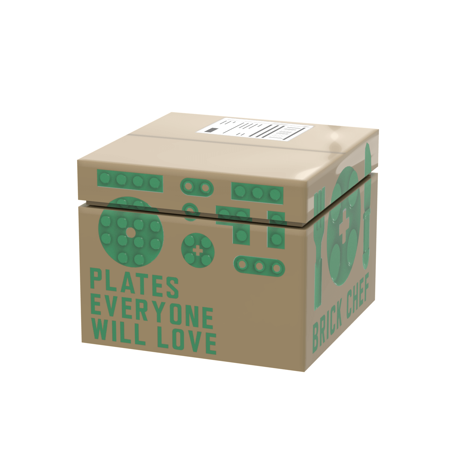 Cardboard box with green text and graphics on a white background