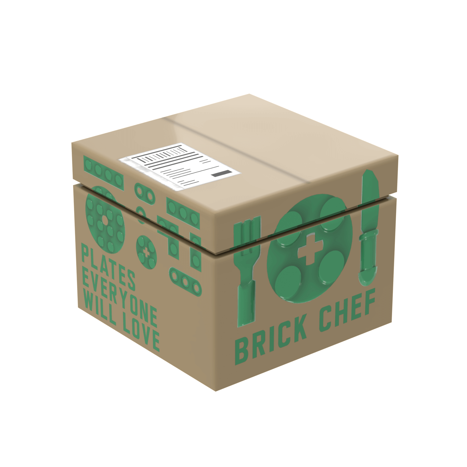 Cardboard box with 'Brick Chef' branding and green graphics on a white background
