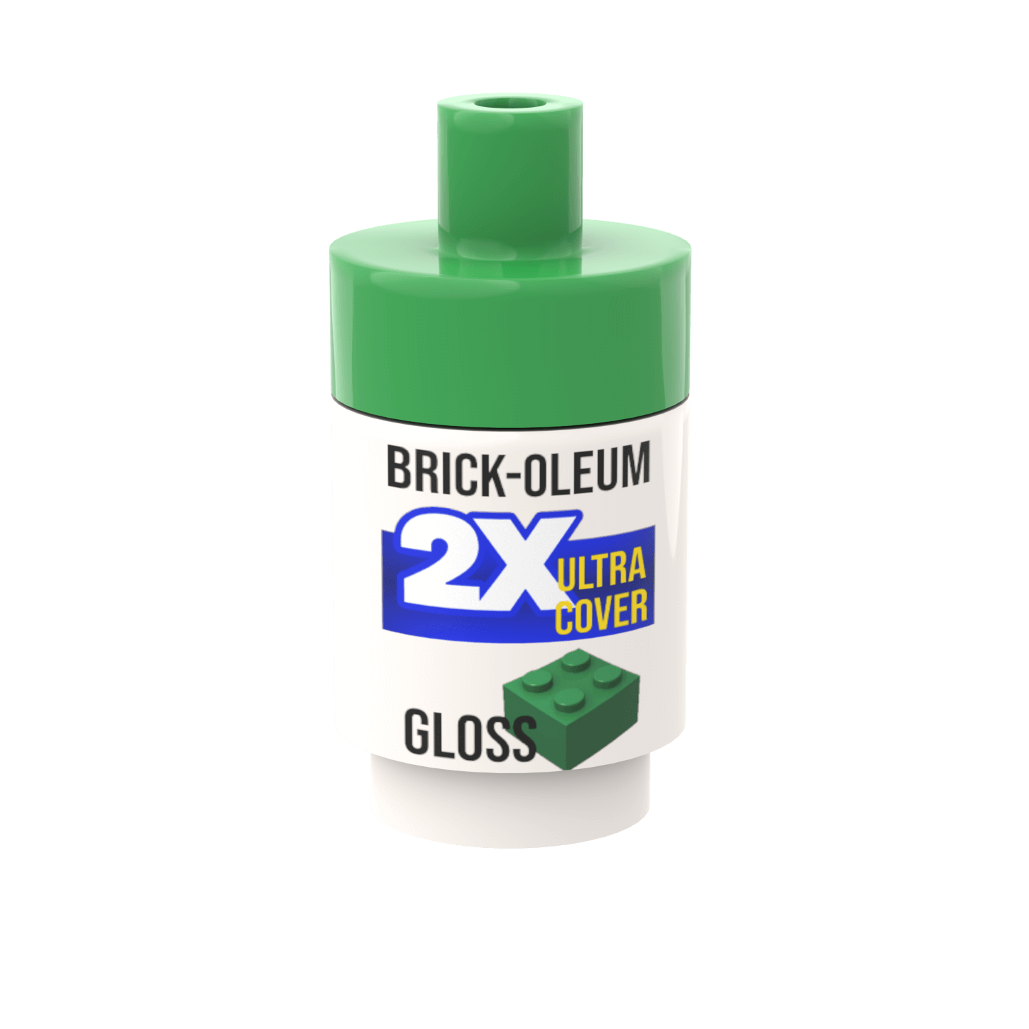 Green and white container with 'Brick-Oleum 2X Ultra Cover' label on a black background