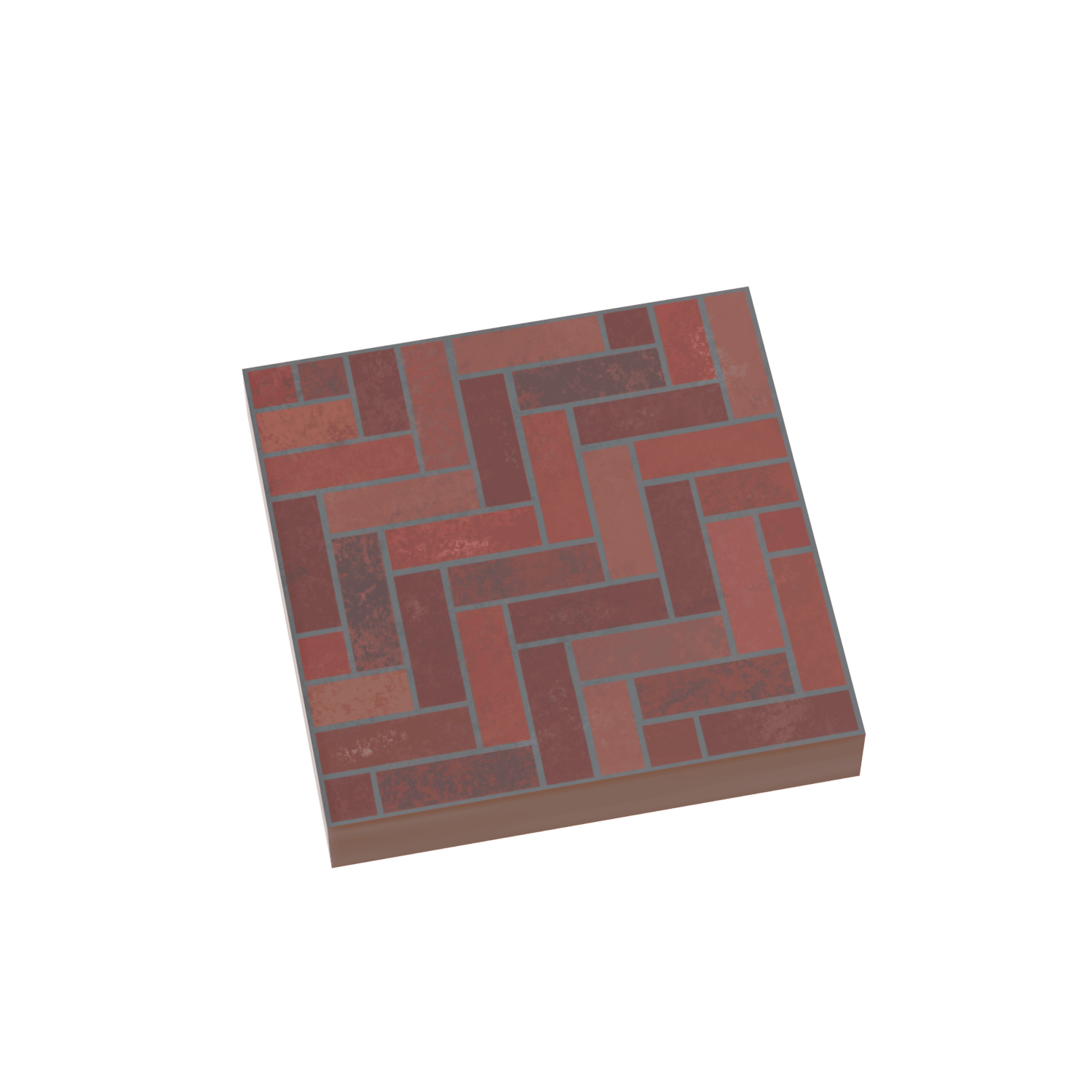 A reddish brown 2x2 Lego tile with a custom printed chevron brick pattern.