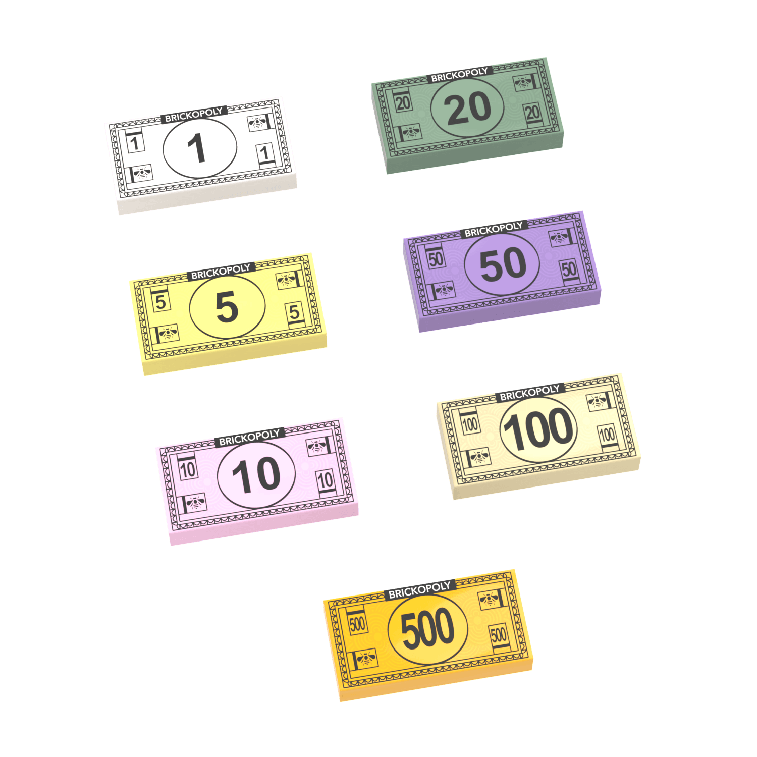 Brickopoly Money - Game Night - Custom Printed 1x2 Tiles - Made Using LEGO® Parts