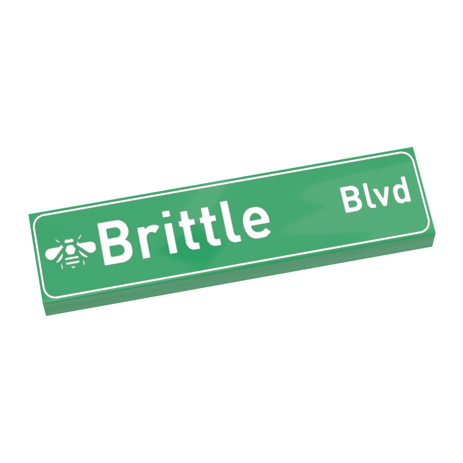 A green custom printed LEGO tile with the text 'Brittle Blvd' and an image of a bee.