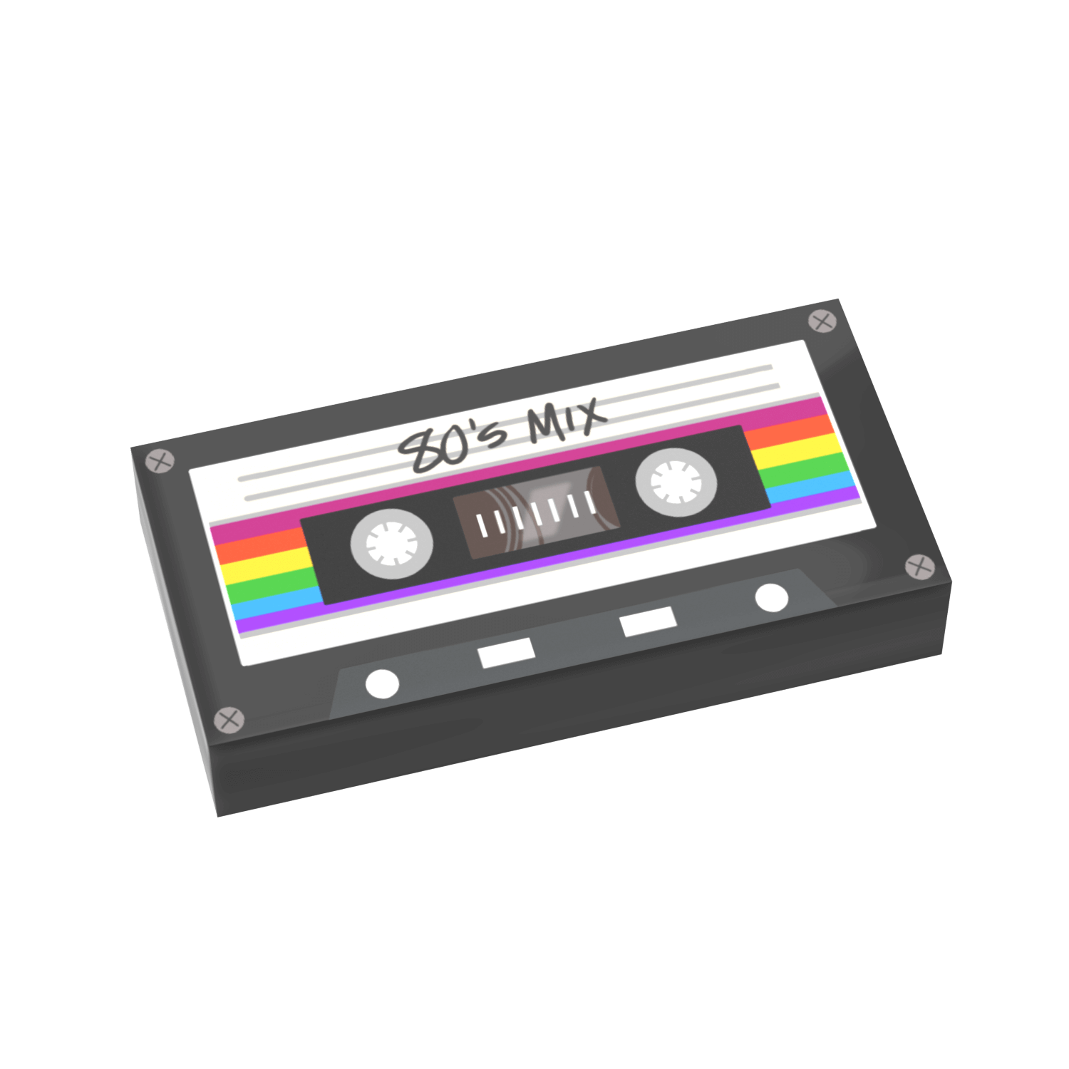 Cassette tape with '80's Mix' label on a black background