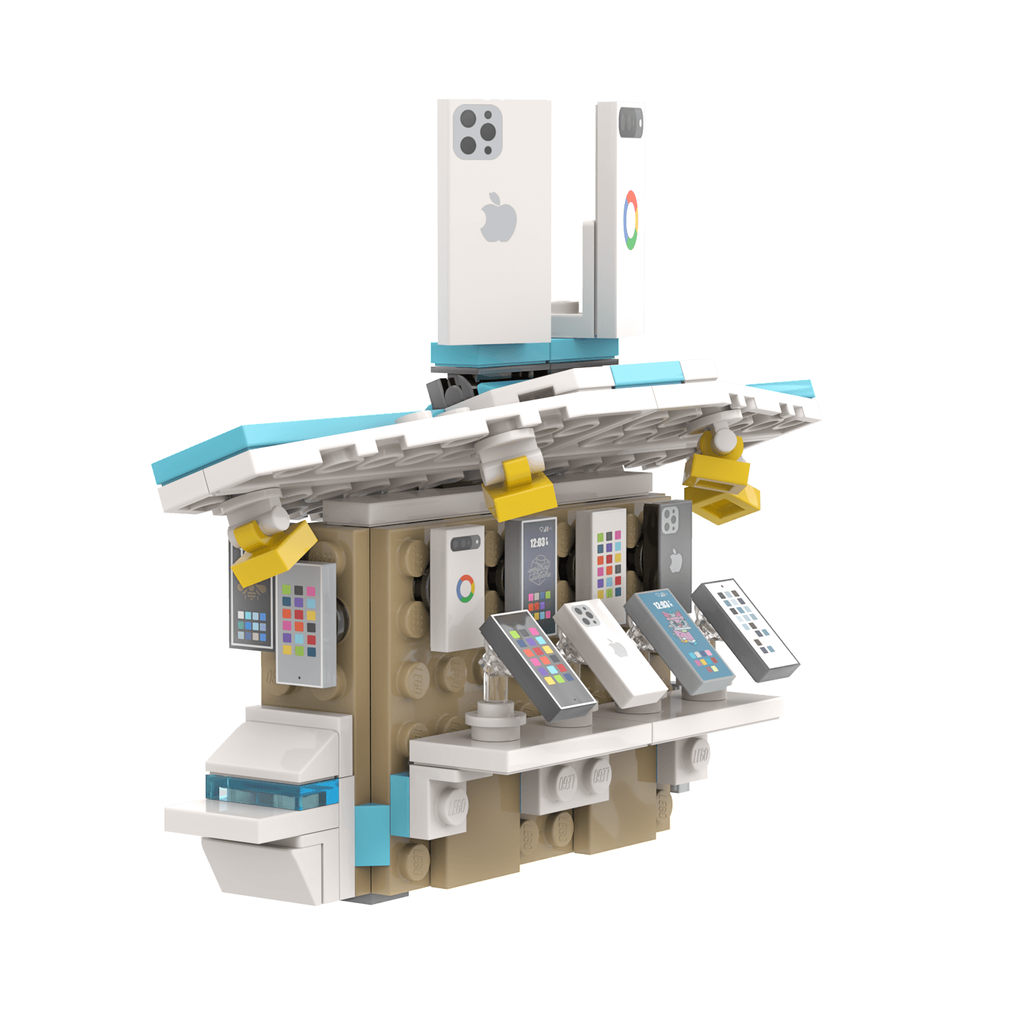 Angled view of a cell phone stand building set with cell phones on display and large cell phone signs on the roof, on a white background.