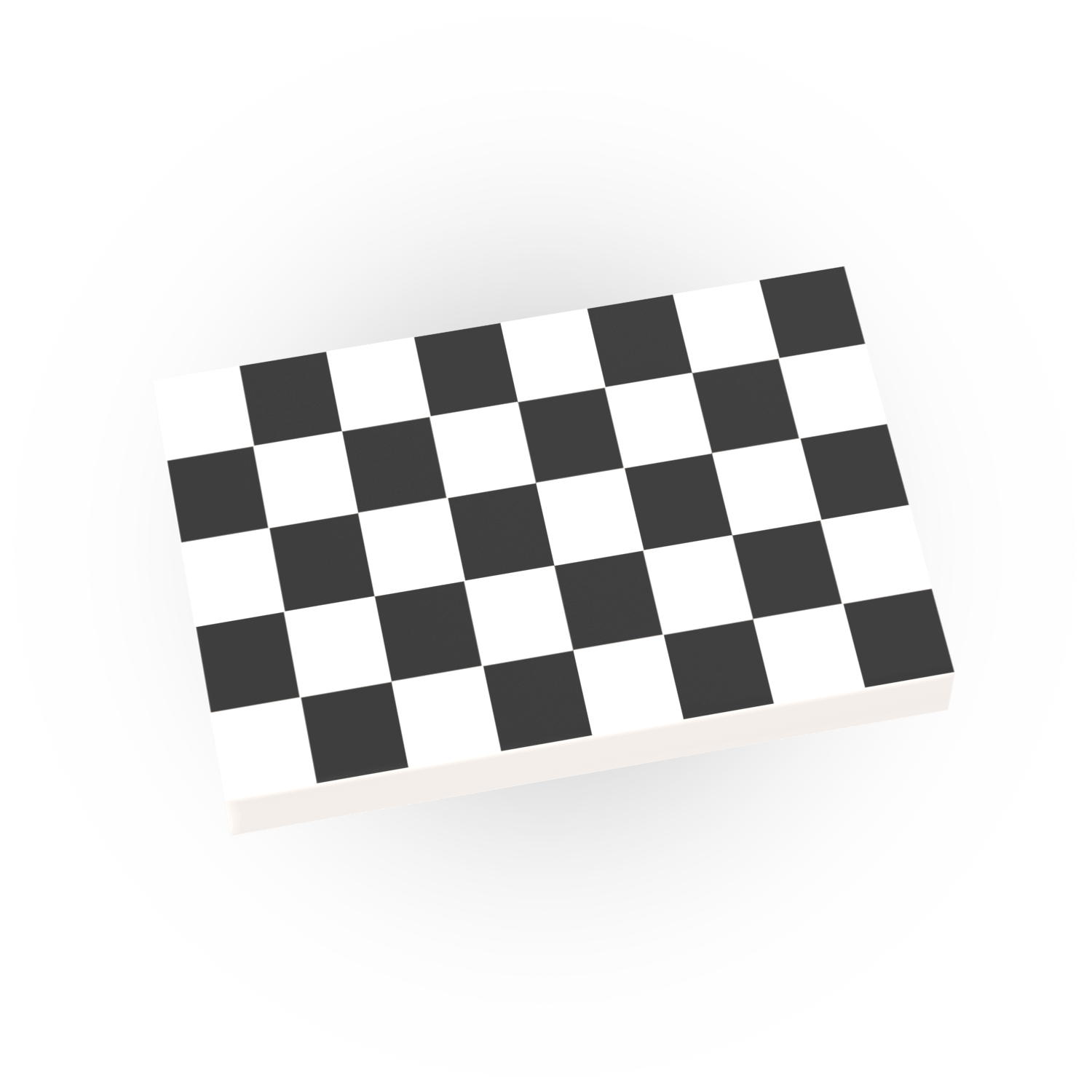 A black and white checkered flag custom printed on a 2x3 LEGO tile.