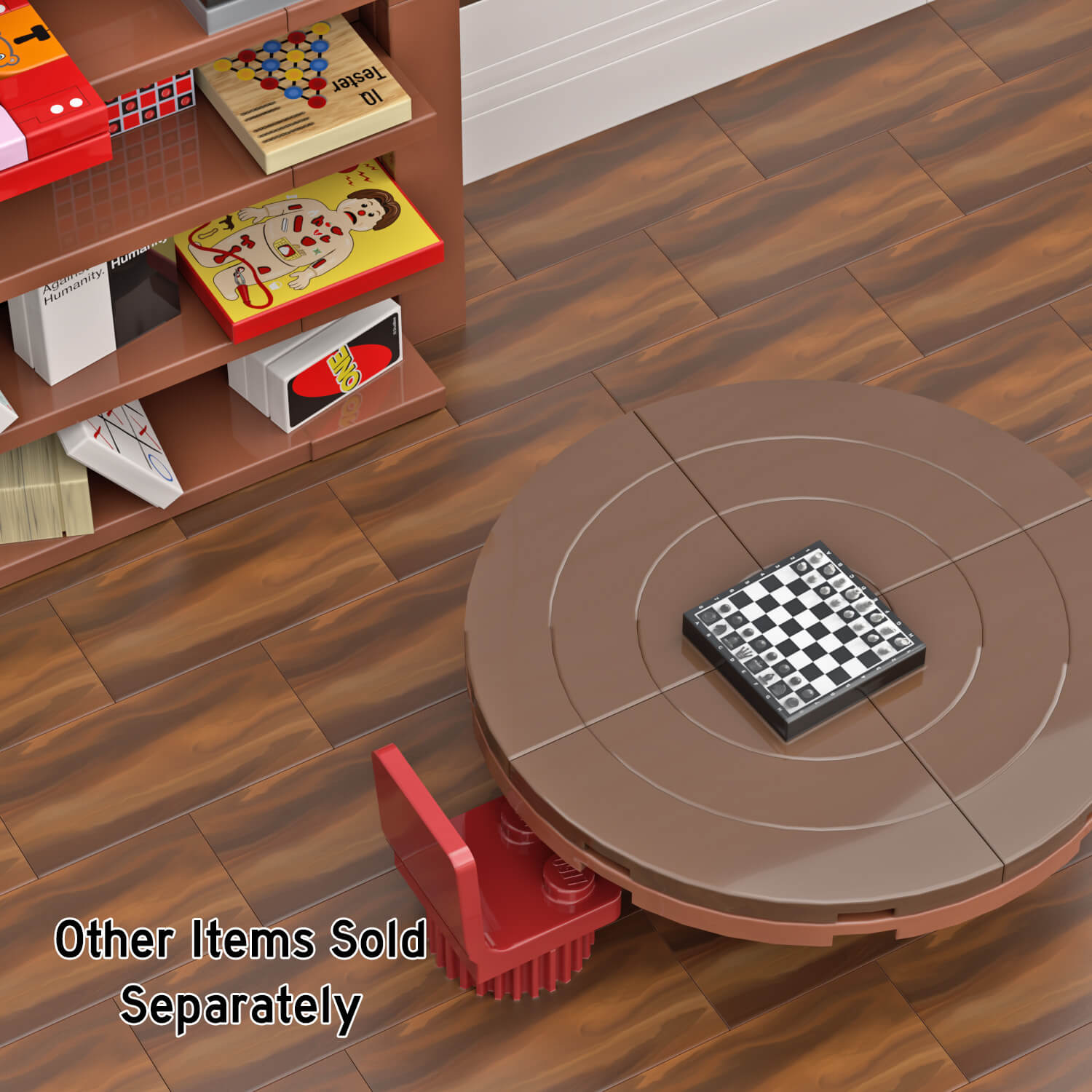 Custom printed LEGO chess game on a brown table with other LEGO games in the back ground and wood tile floor.